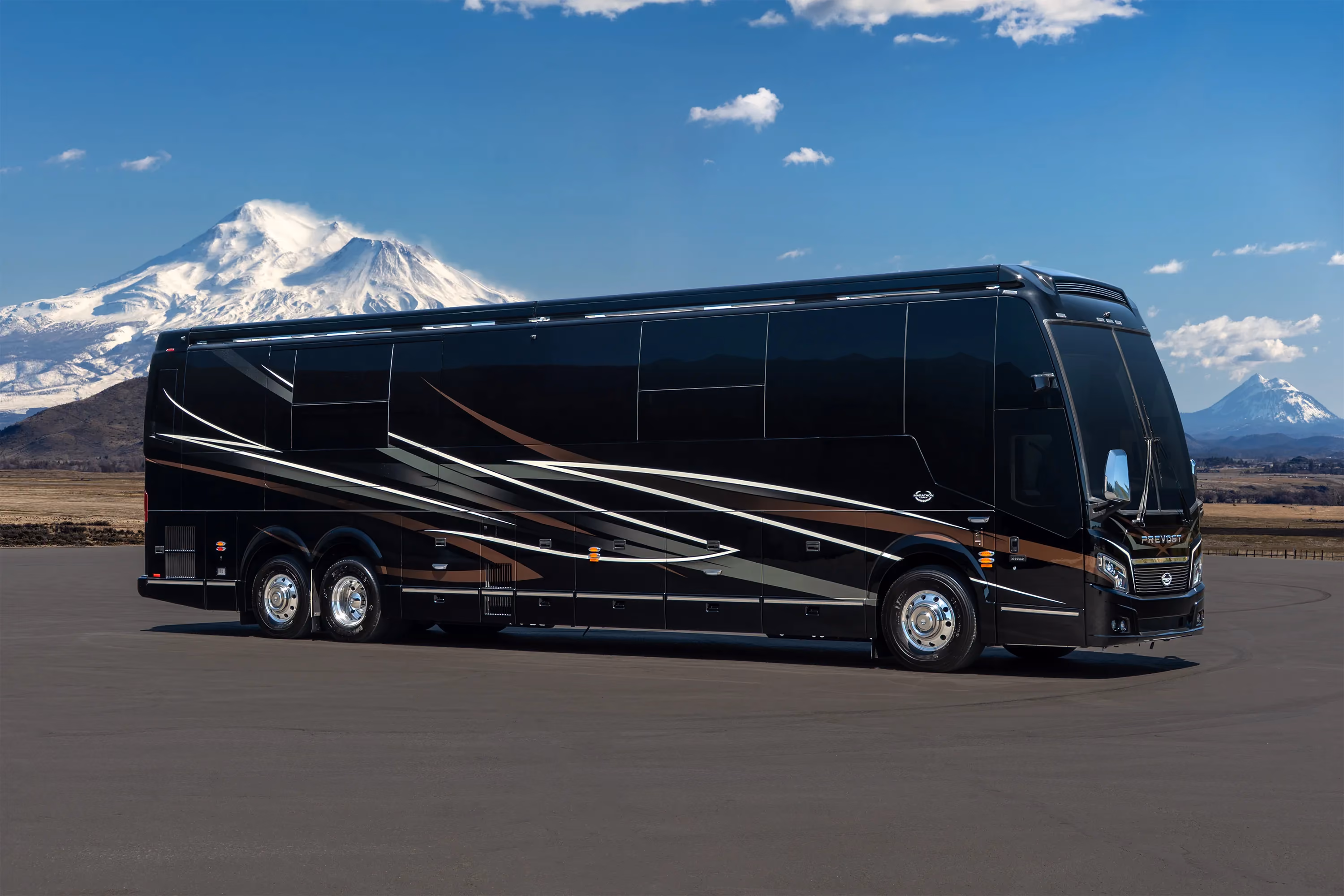 Exterior of luxury Marathon Coach #1425 built on a Prevost chassis | Luxury Motorcoach for Sale