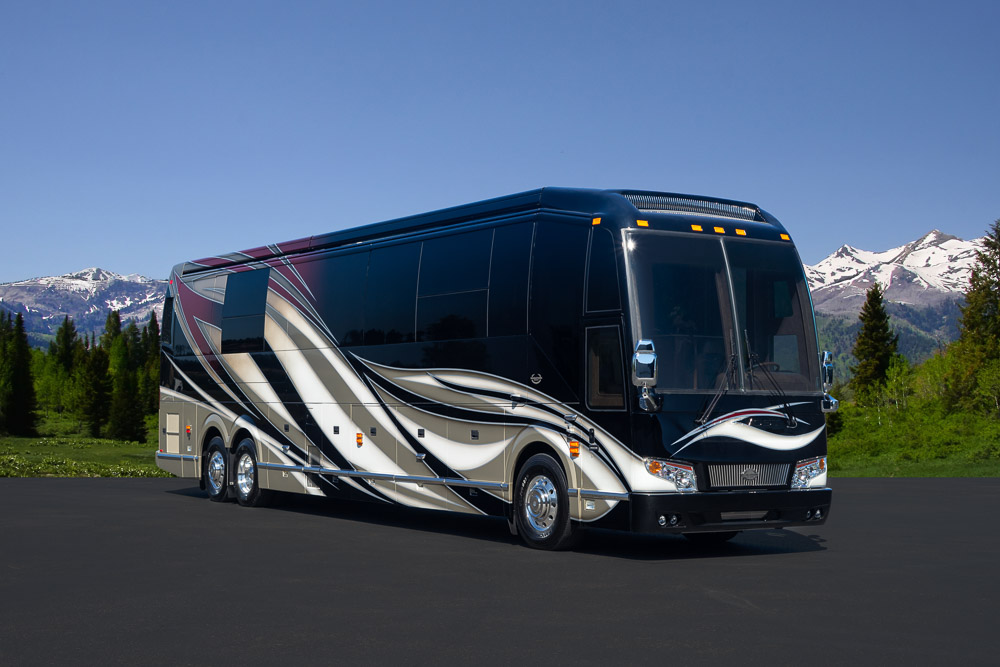 Exterior of luxury Marathon Coach #1305 built on a Prevost chassis | Luxury Motorcoach for Sale