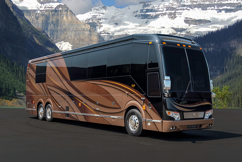 Exterior of luxury Marathon Coach #1306 built on a Prevost chassis | Luxury Motorcoach for Sale