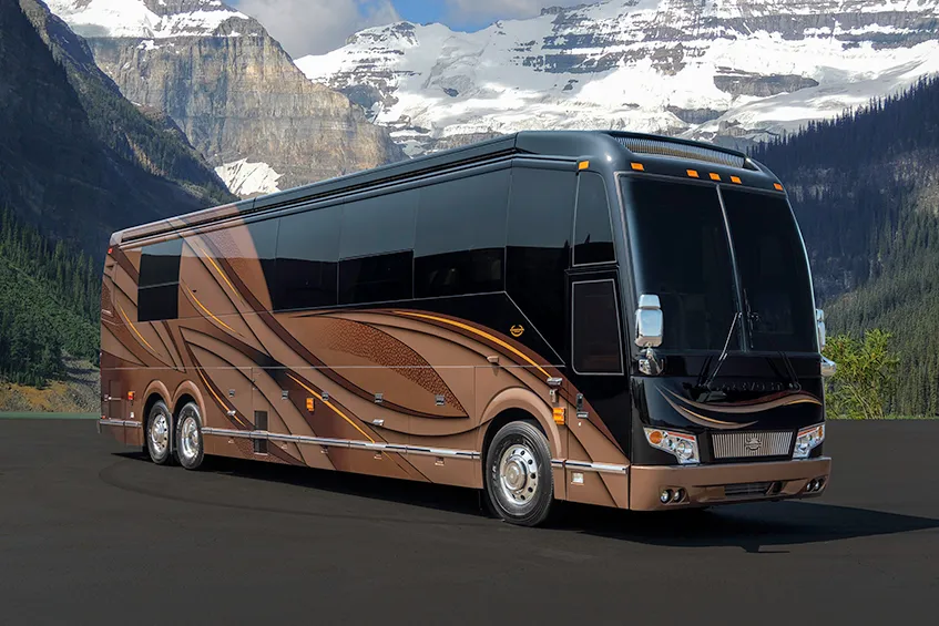Exterior of luxury Marathon Coach #1306 built on a Prevost chassis | Luxury Motorcoach for Sale