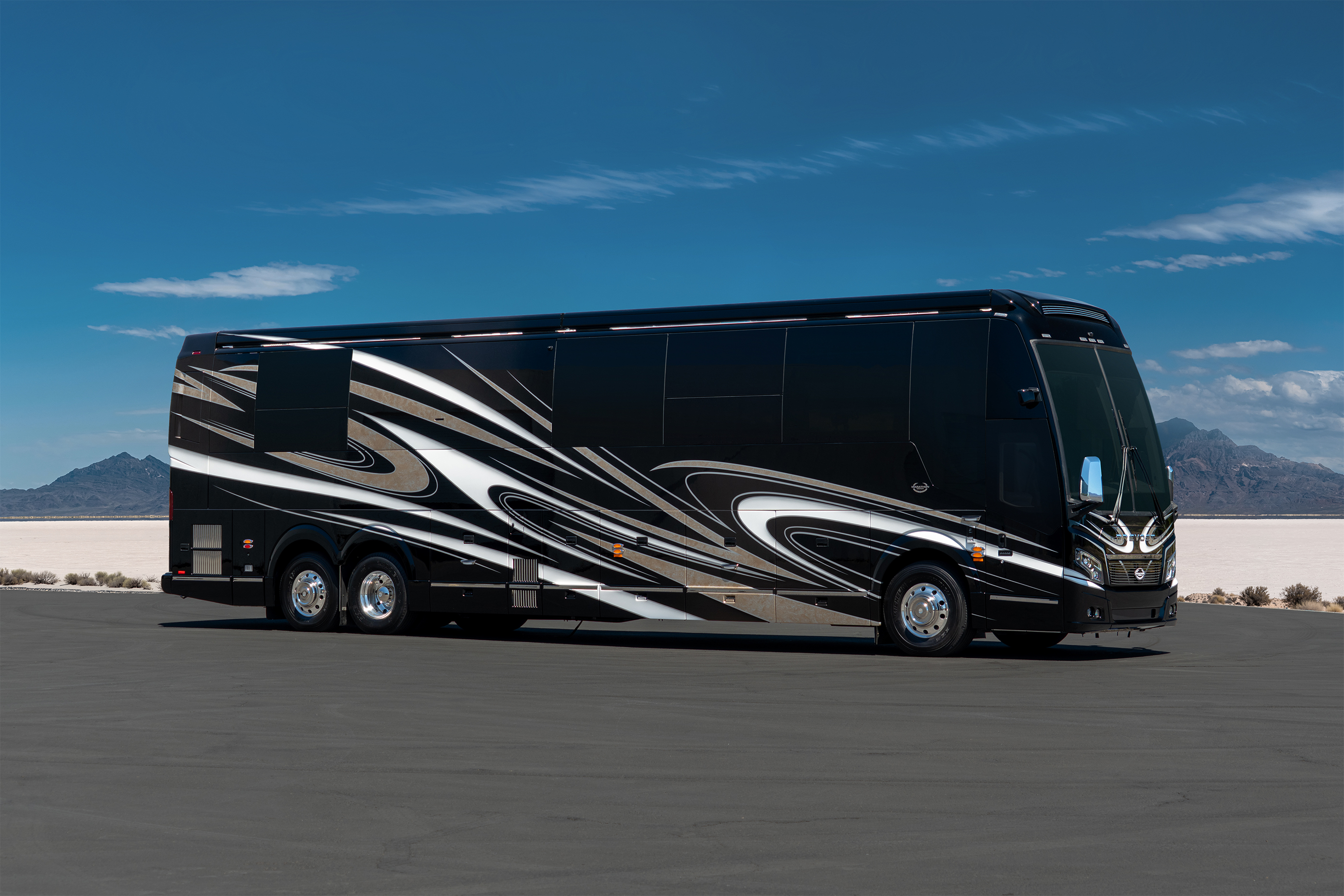 Exterior of luxury Marathon Coach #1426 built on a Prevost chassis | Luxury Motorcoach for Sale