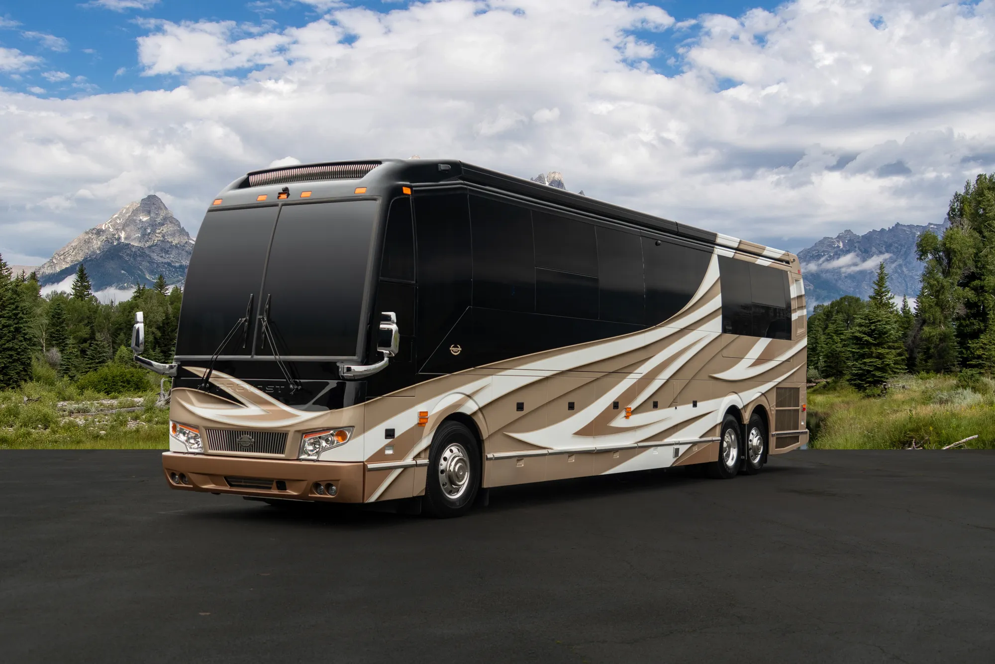 Exterior of luxury Marathon Coach #1316 built on a Prevost chassis | Luxury Motorcoach for Sale