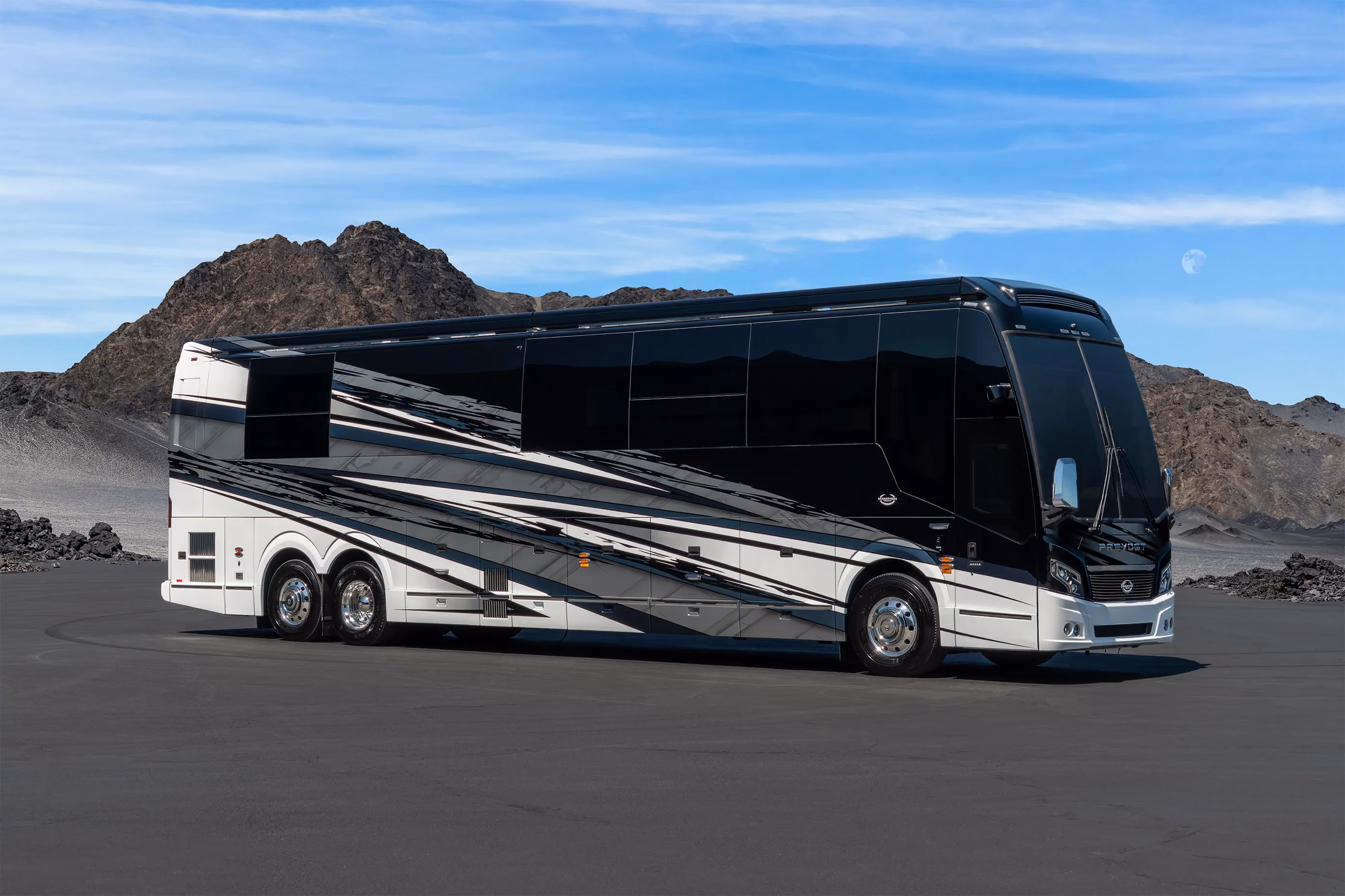 Exterior of luxury Marathon Coach #1423 built on a Prevost chassis | Luxury Motorcoach for Sale