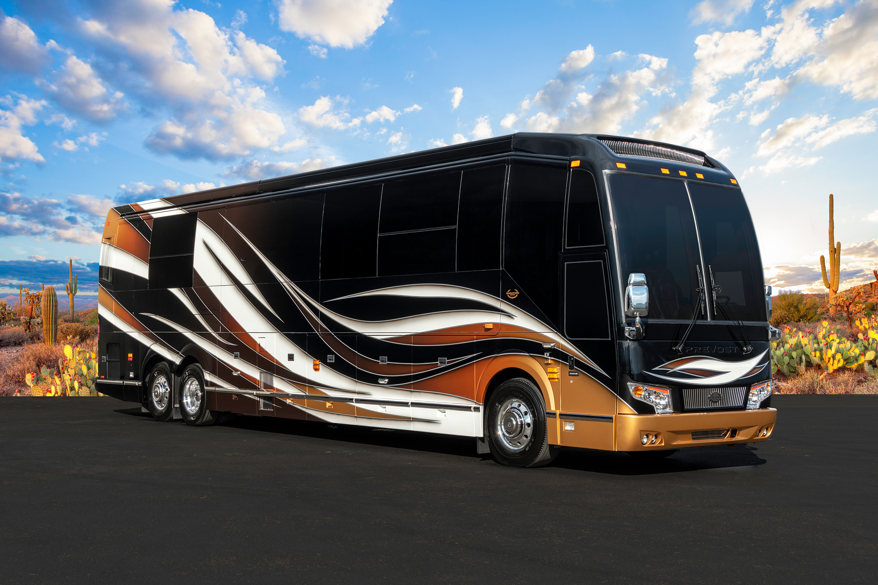 Exterior of luxury Marathon Coach #1307 built on a Prevost chassis | Luxury Motorcoach for Sale