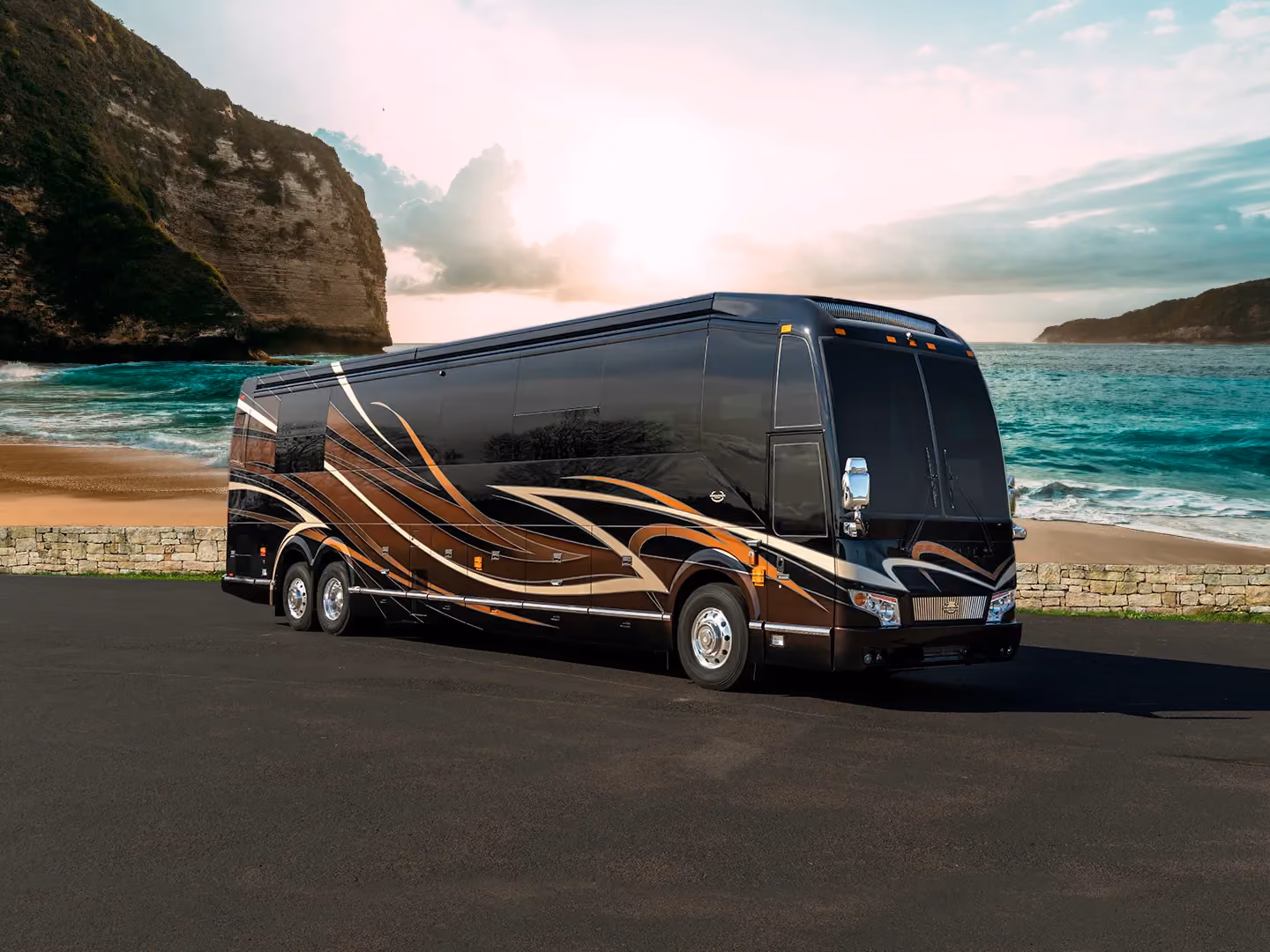 Exterior of luxury Marathon Coach #1319 built on a Prevost chassis | Luxury Motorcoach for Sale
