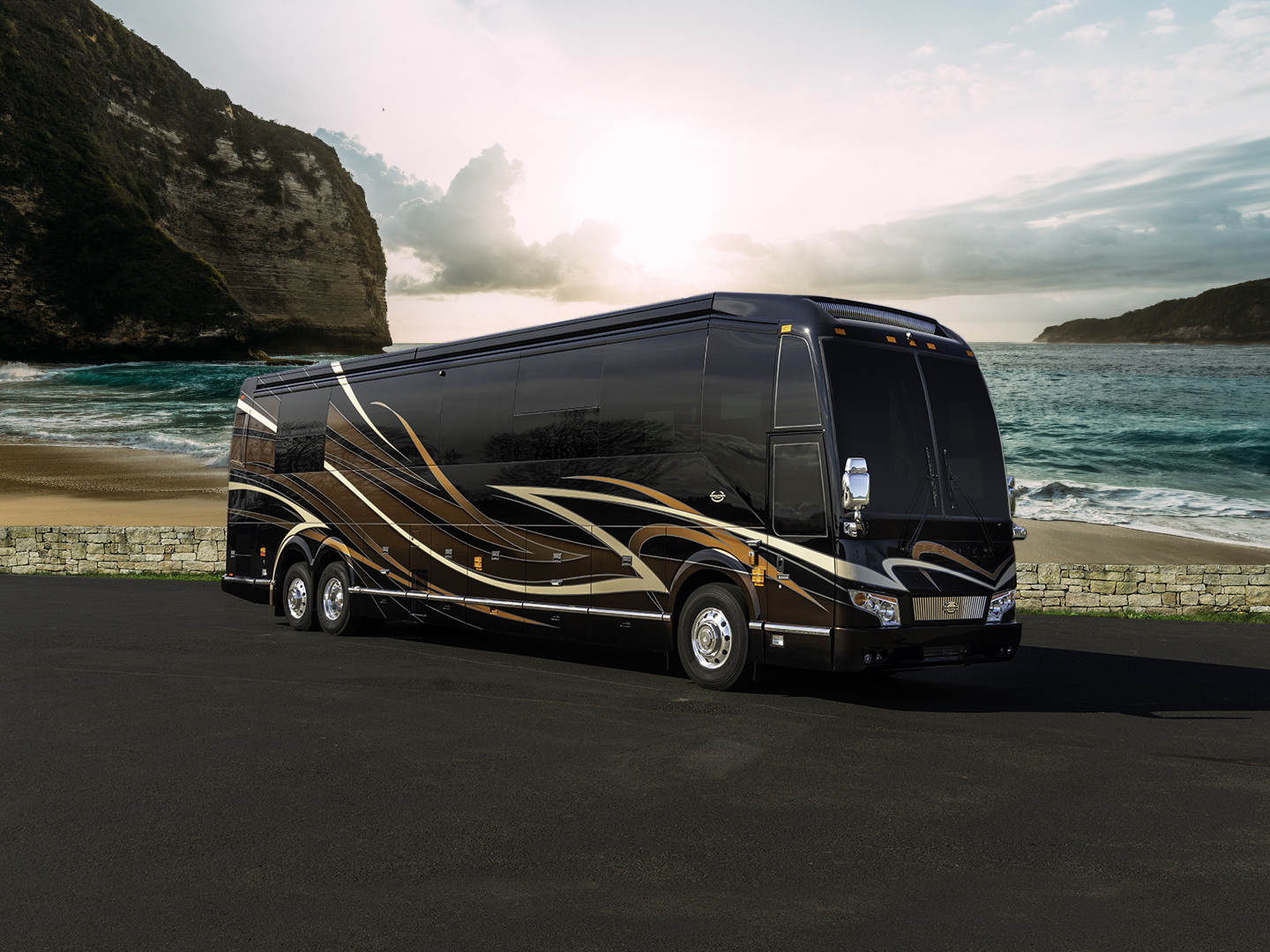 Exterior of luxury Marathon Coach #1319 built on a Prevost chassis | Luxury Motorcoach for Sale