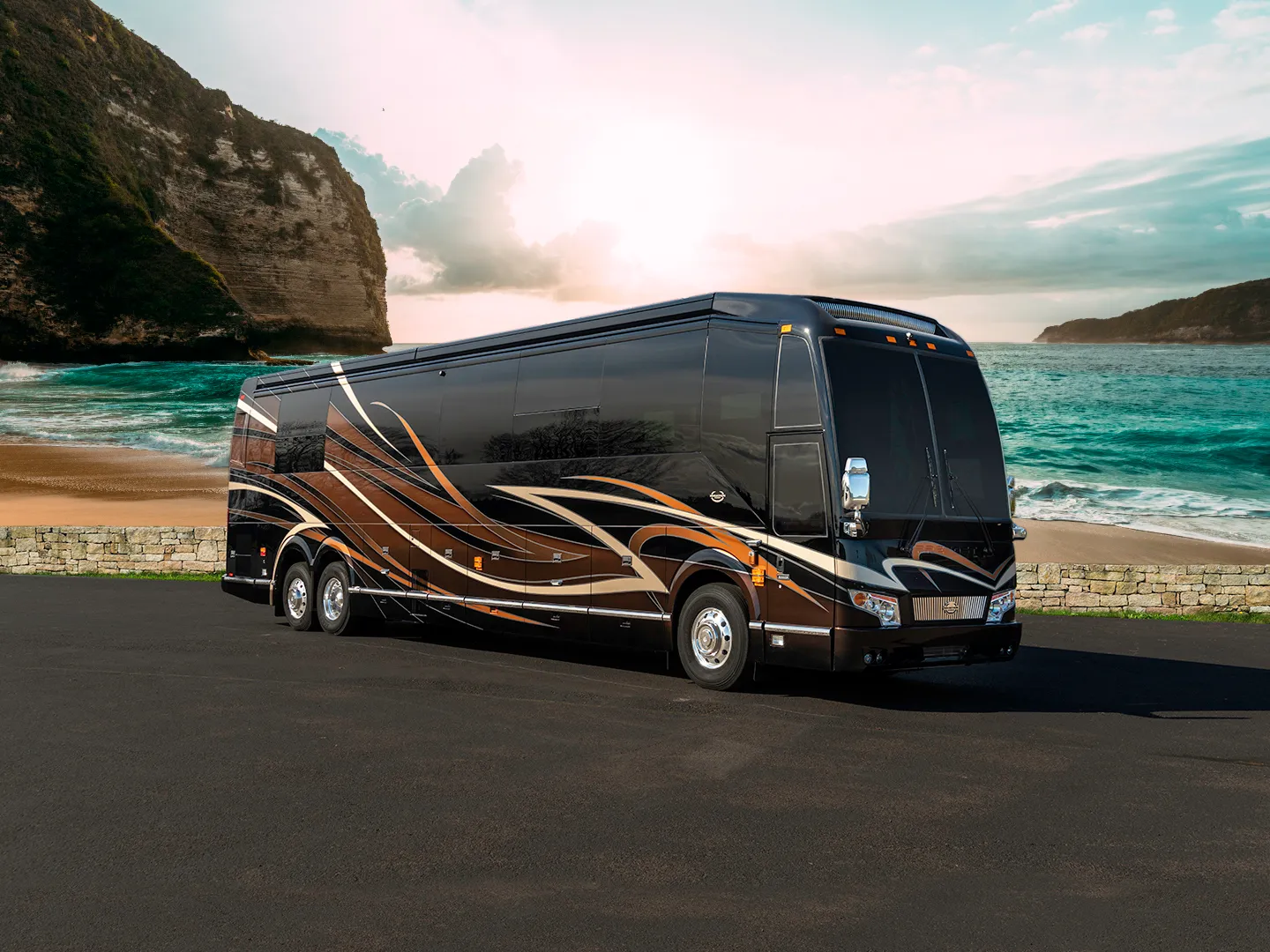Exterior of luxury Marathon Coach #1319 built on a Prevost chassis | Luxury Motorcoach for Sale