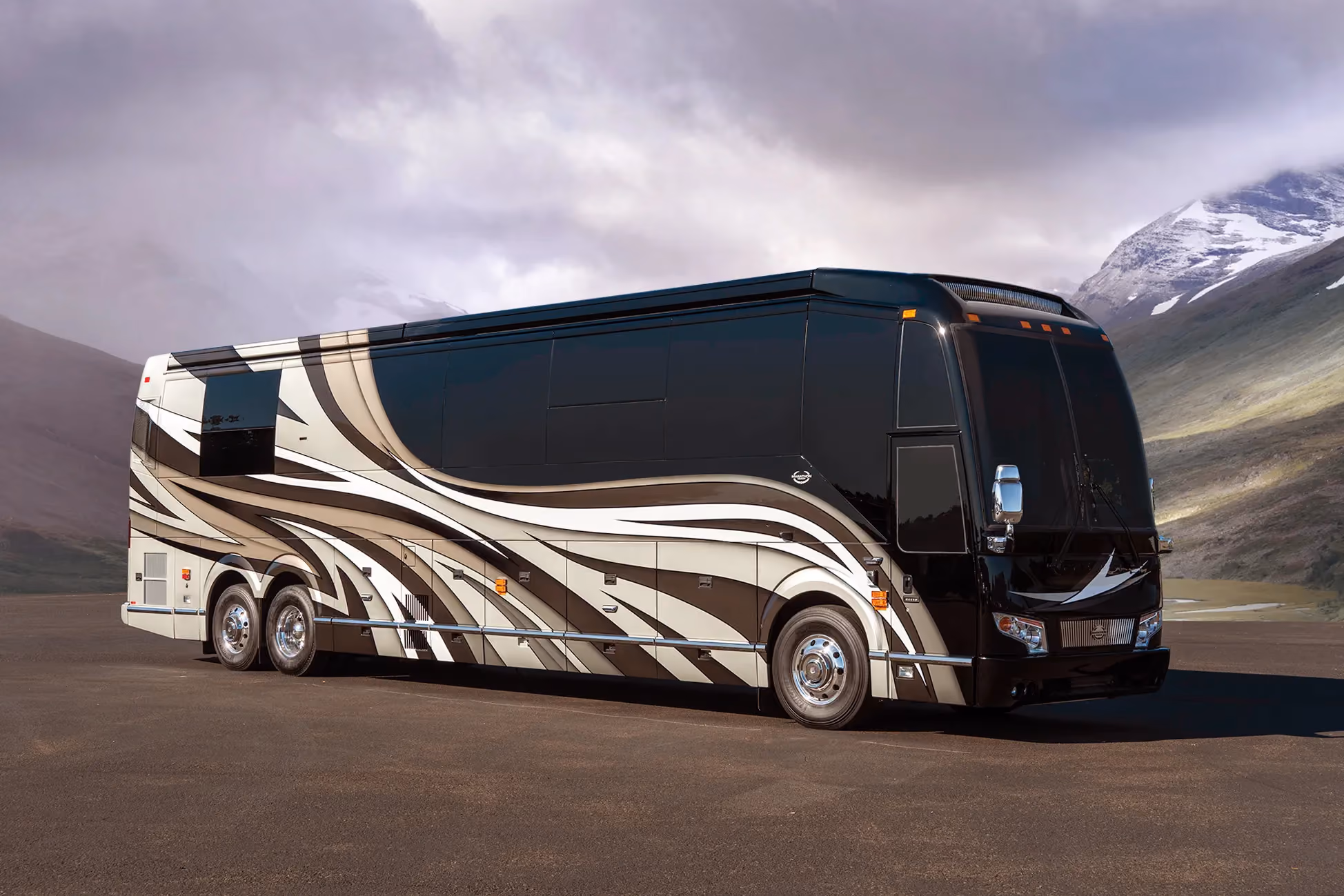 Exterior of luxury Marathon Coach #1308 built on a Prevost chassis | Luxury Motorcoach for Sale