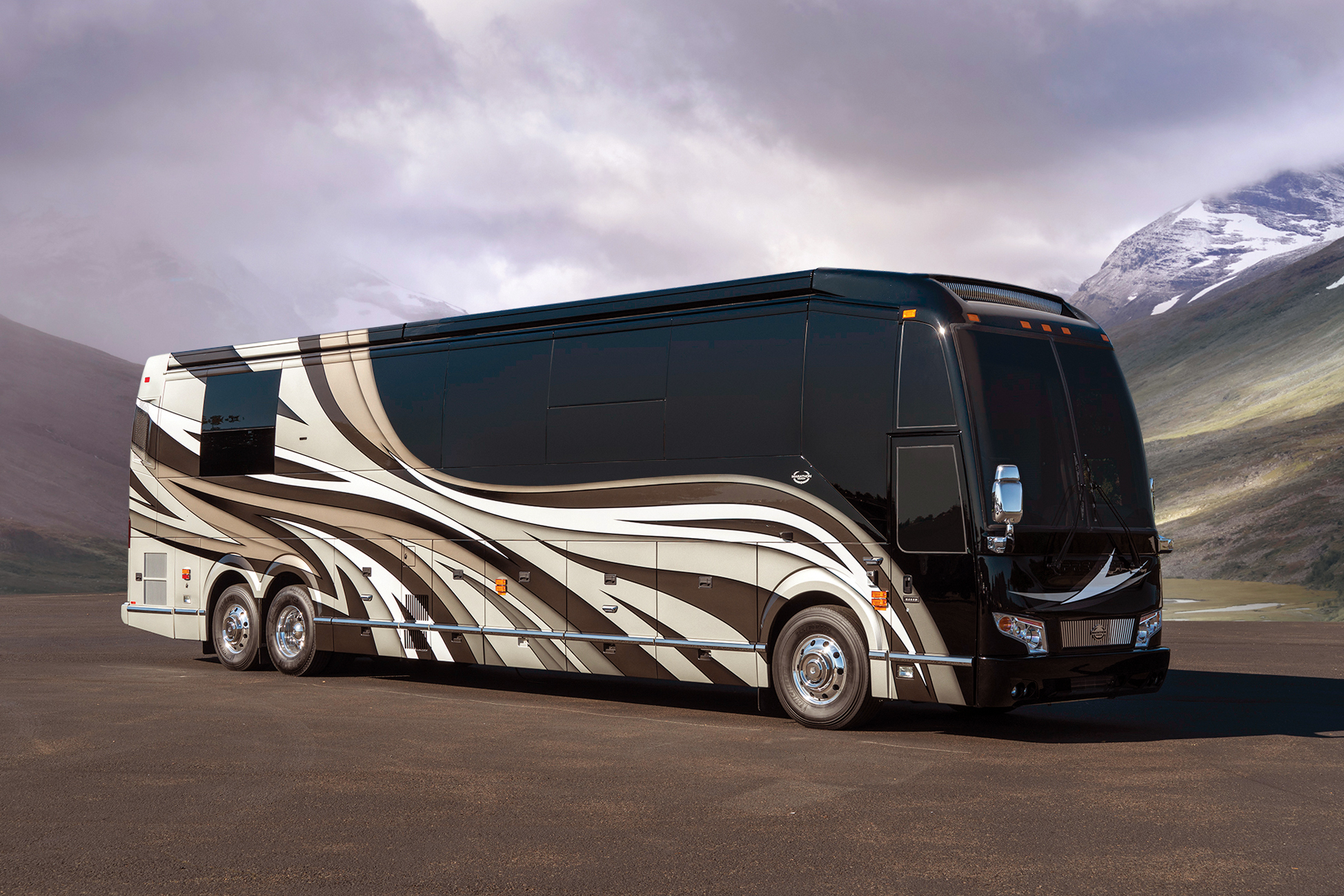 Exterior of luxury Marathon Coach #1308 built on a Prevost chassis | Luxury Motorcoach for Sale