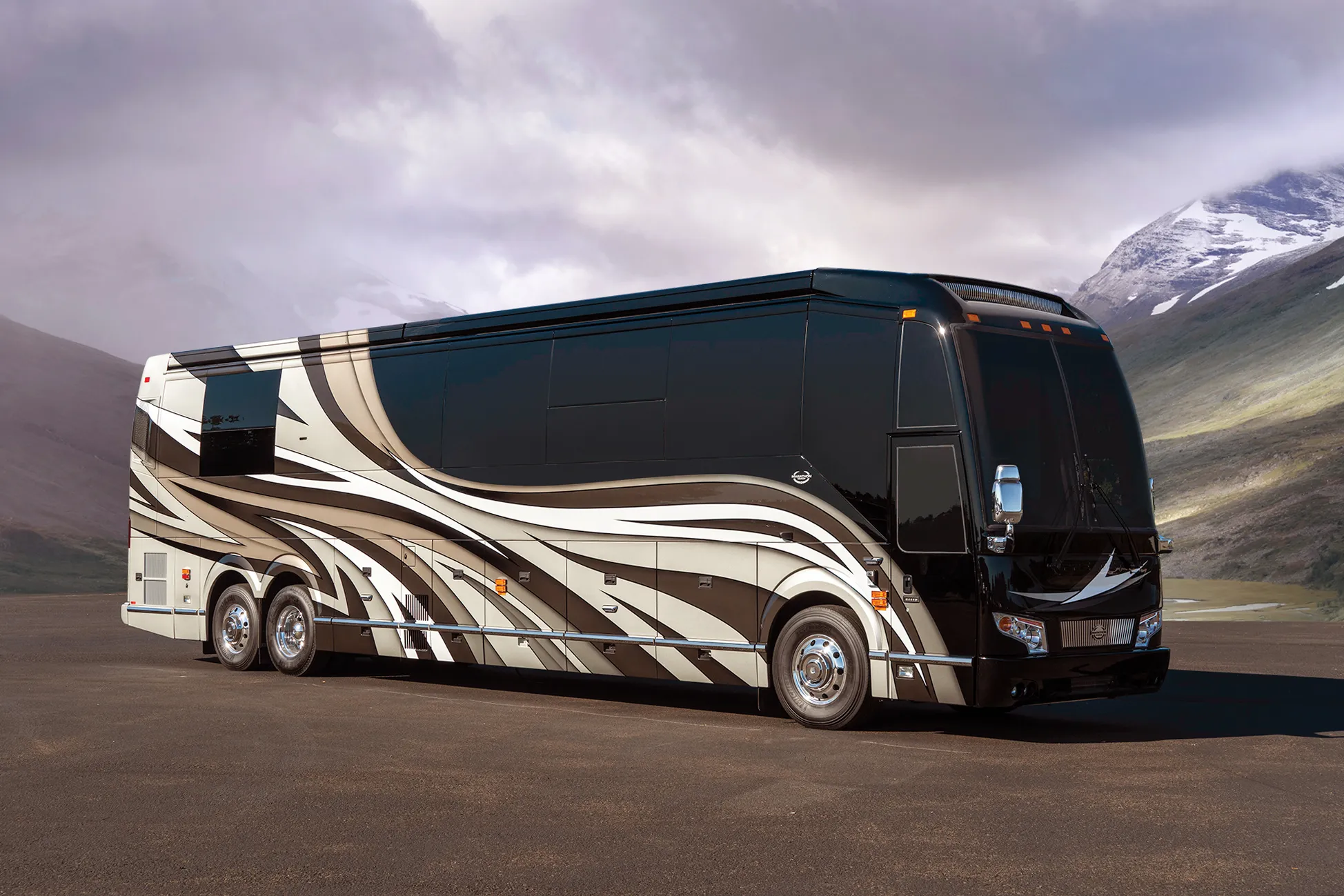 Exterior of luxury Marathon Coach #1308 built on a Prevost chassis | Luxury Motorcoach for Sale