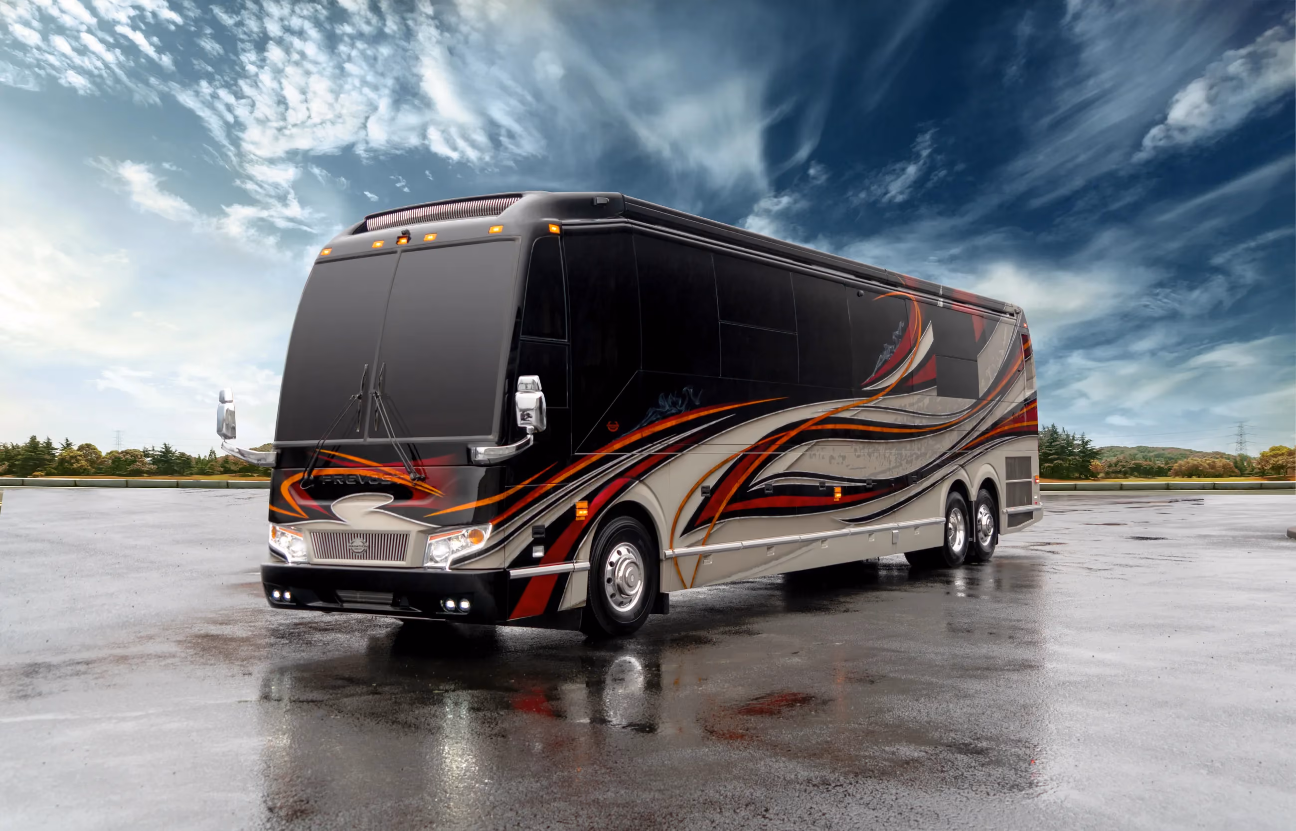 Exterior of luxury Marathon Coach #1318 built on a Prevost chassis | Luxury Motorcoach for Sale