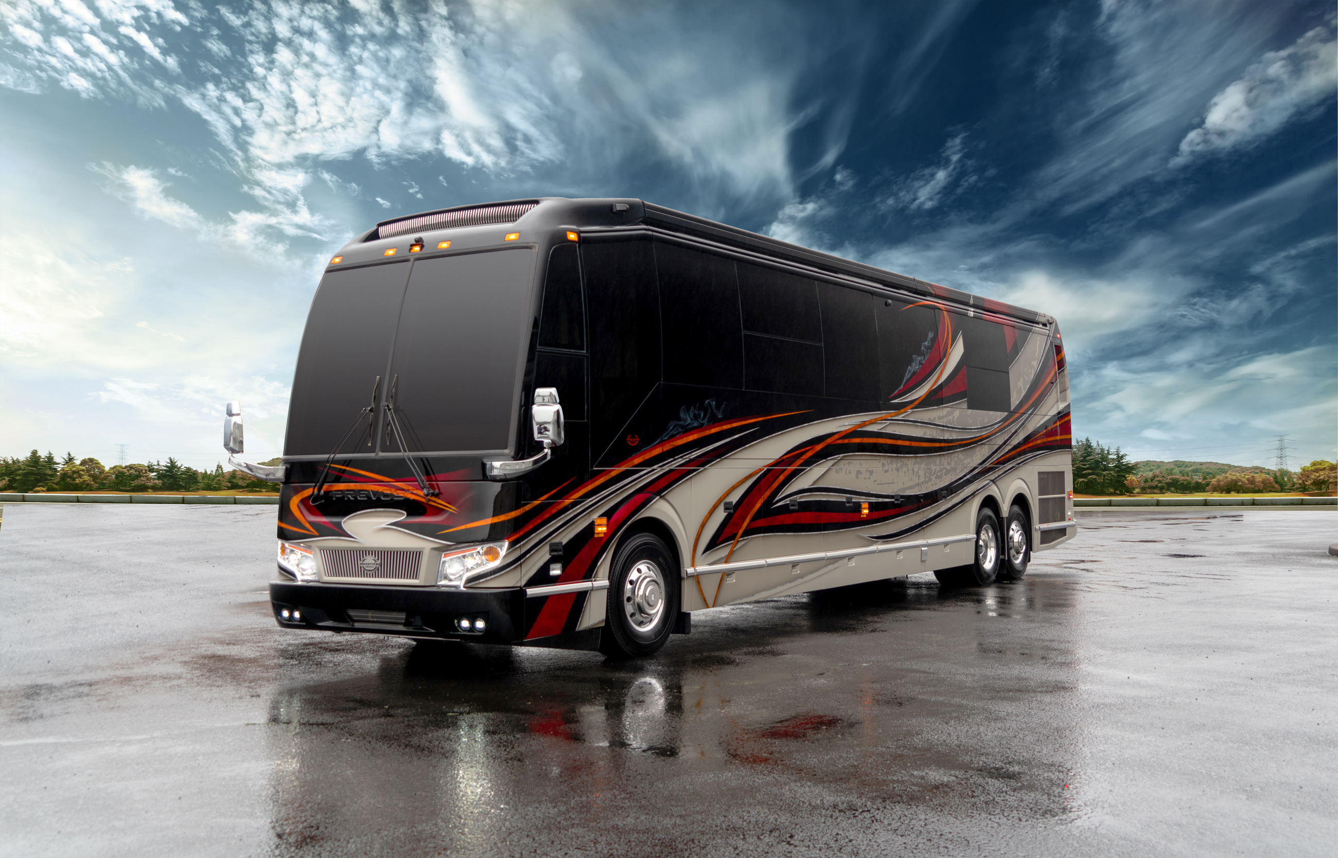 Exterior of luxury Marathon Coach #1318 built on a Prevost chassis | Luxury Motorcoach for Sale