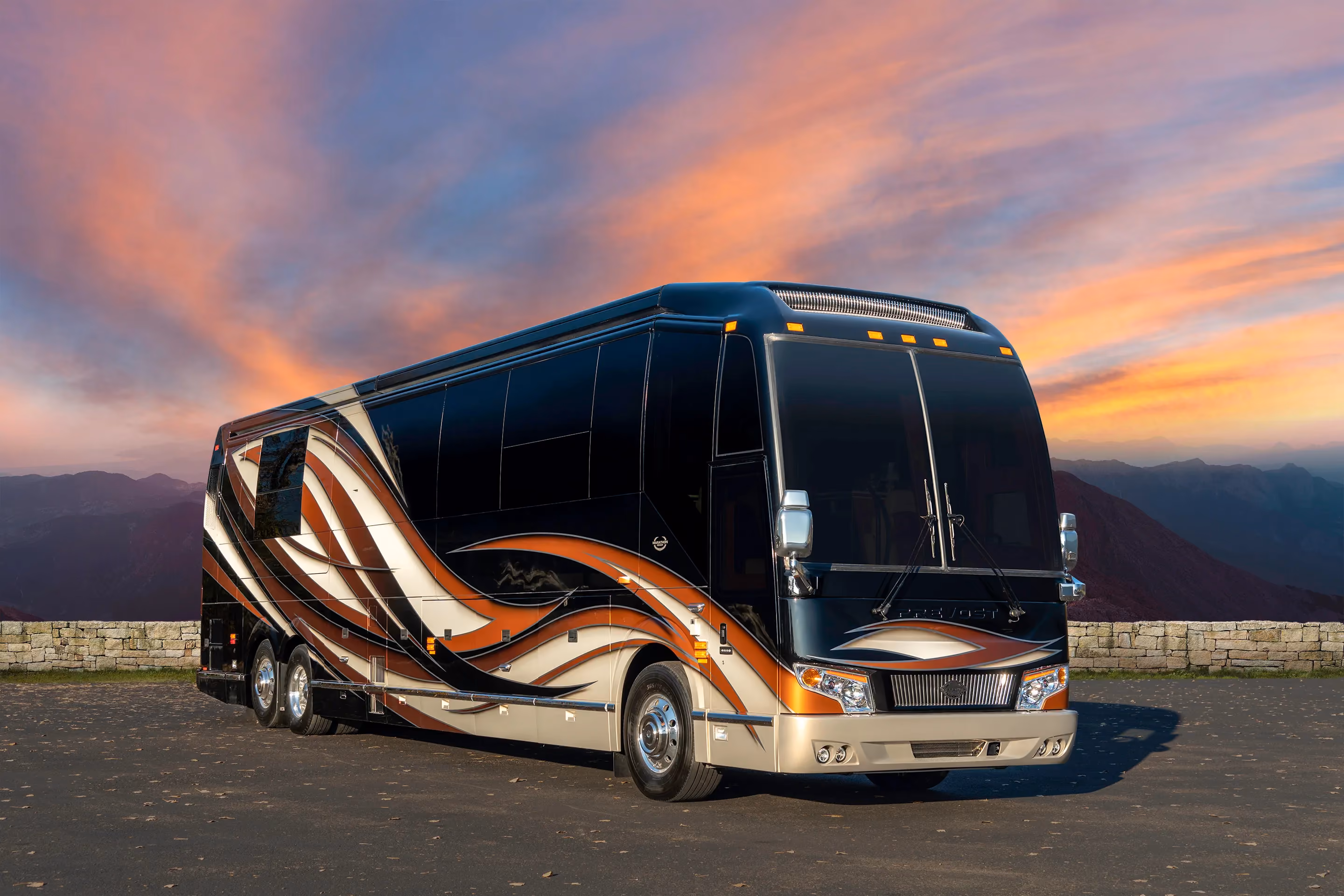 Exterior of luxury Marathon Coach #1310 built on a Prevost chassis | Luxury Motorcoach for Sale