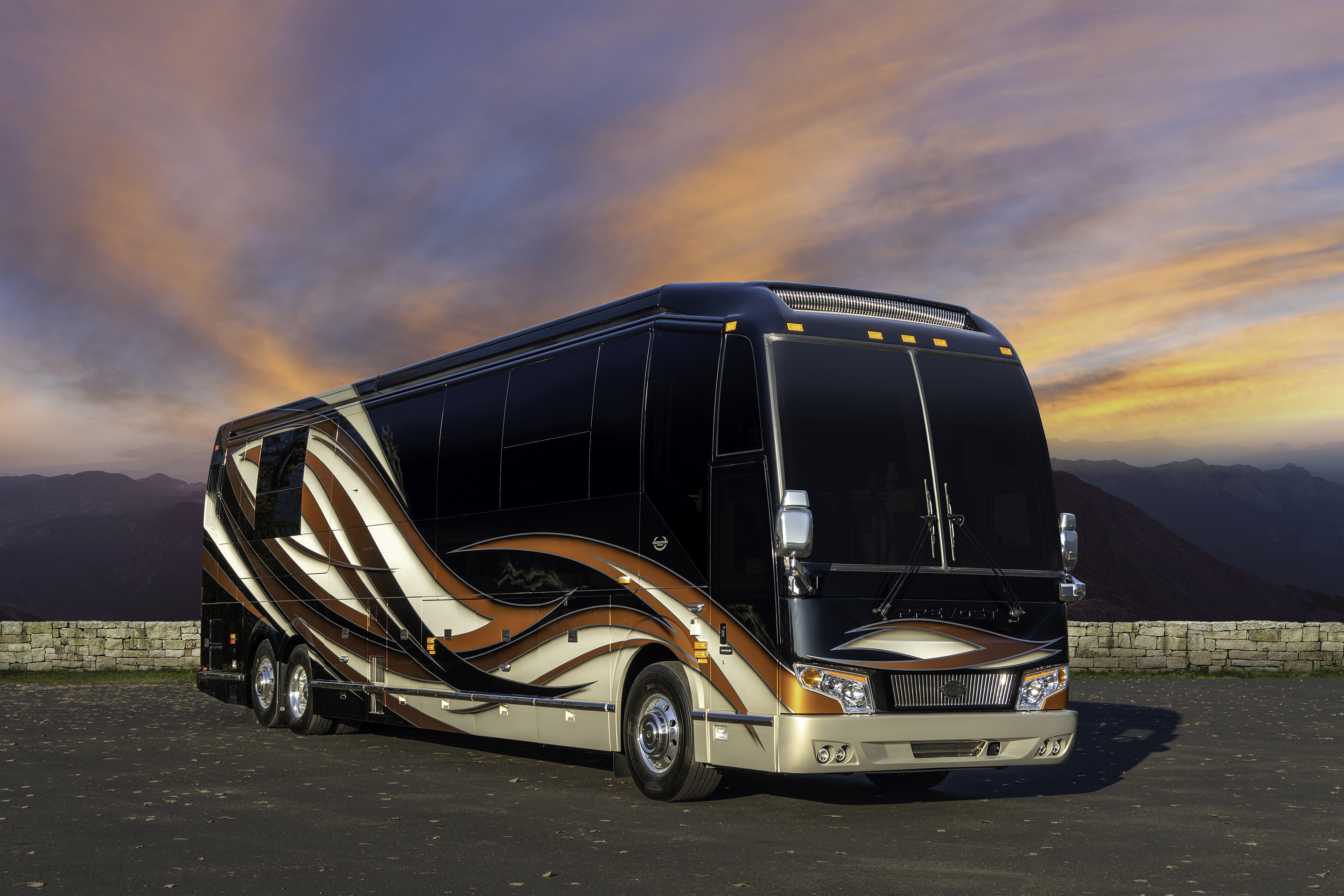 Exterior of luxury Marathon Coach #1310 built on a Prevost chassis | Luxury Motorcoach for Sale