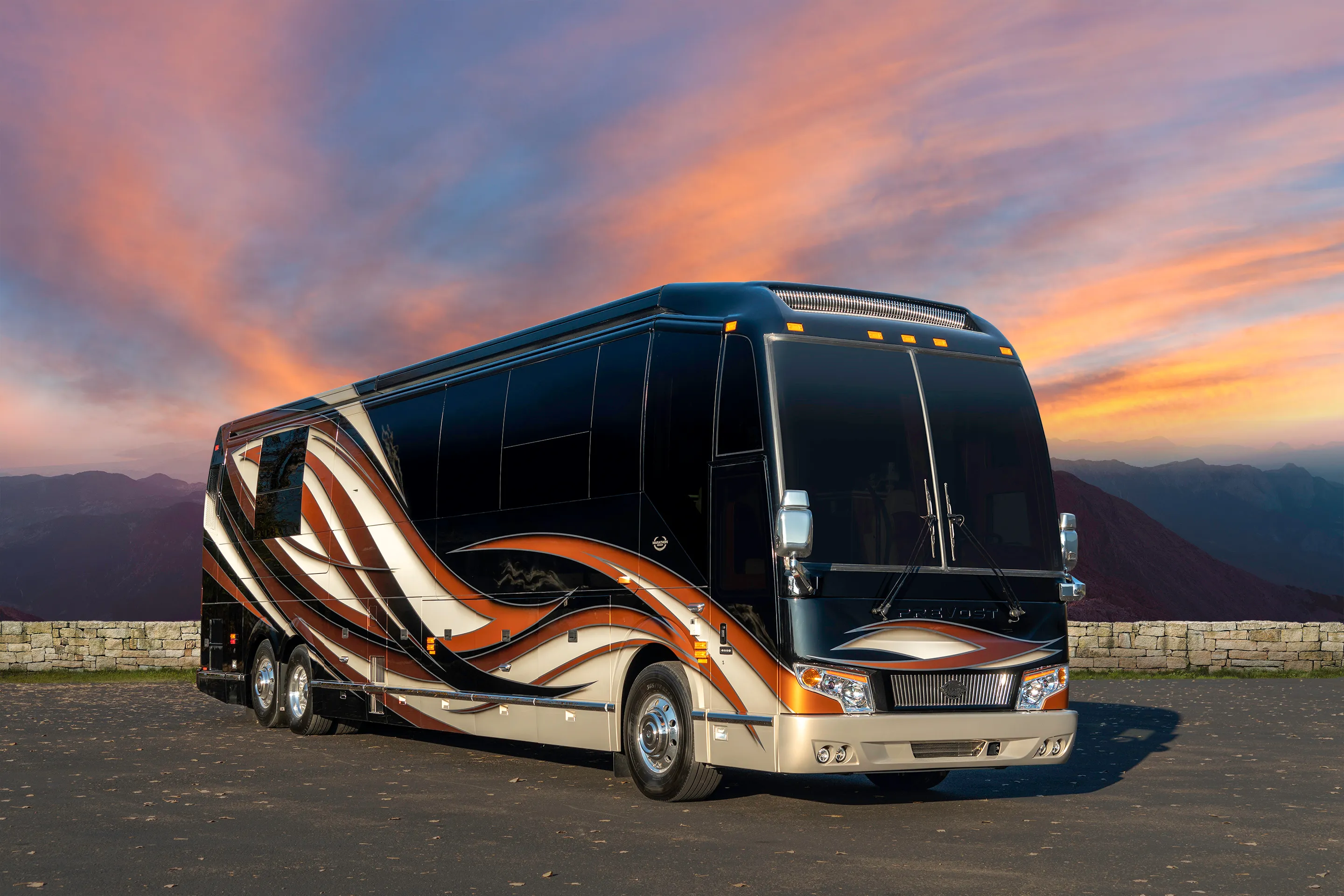 Exterior of luxury Marathon Coach #1310 built on a Prevost chassis | Luxury Motorcoach for Sale