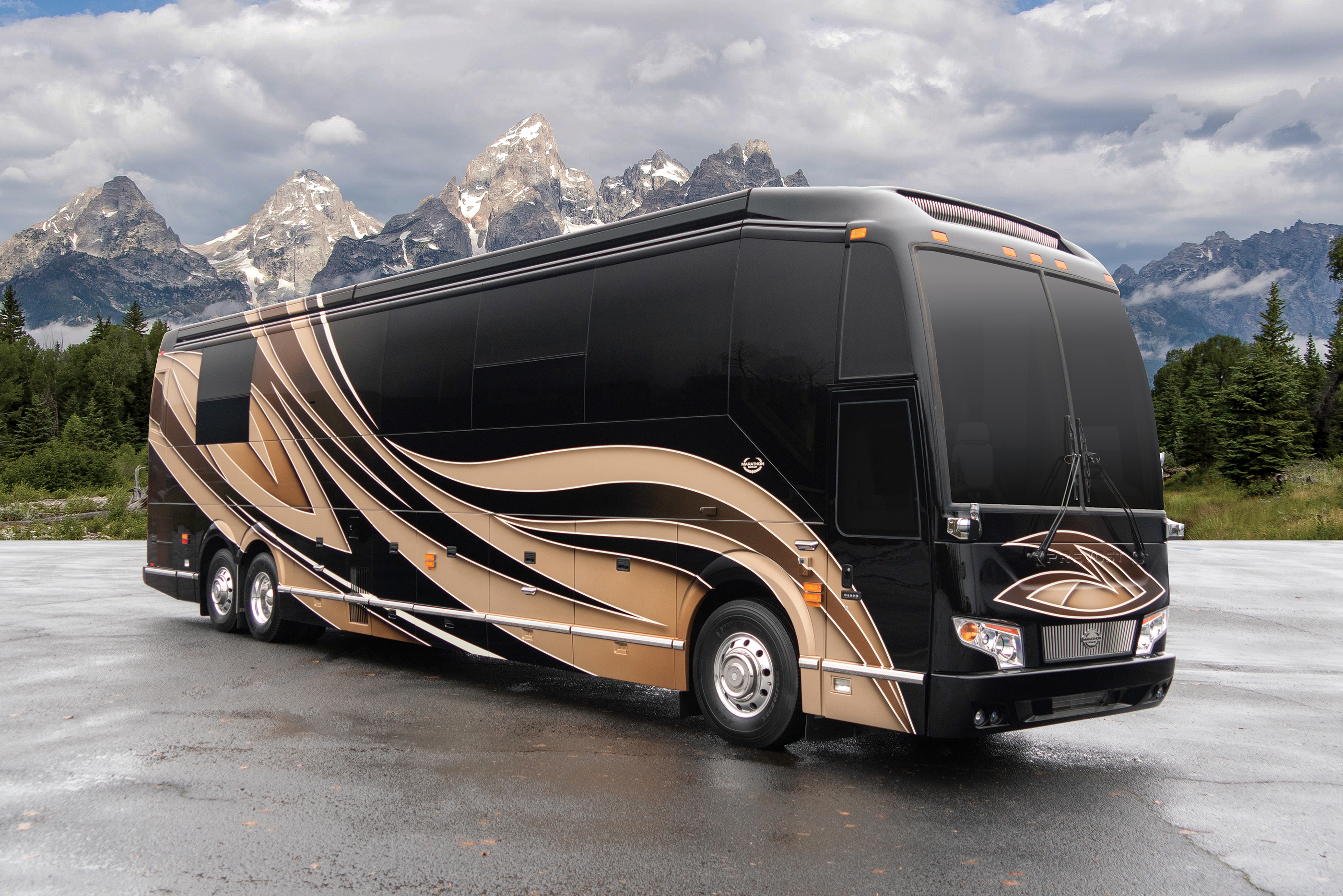 Exterior of luxury Marathon Coach #1312 built on a Prevost chassis | Luxury Motorcoach for Sale