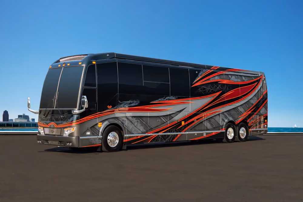 Exterior of luxury Marathon Coach #1362 built on a Prevost chassis | Luxury Motorcoach for Sale