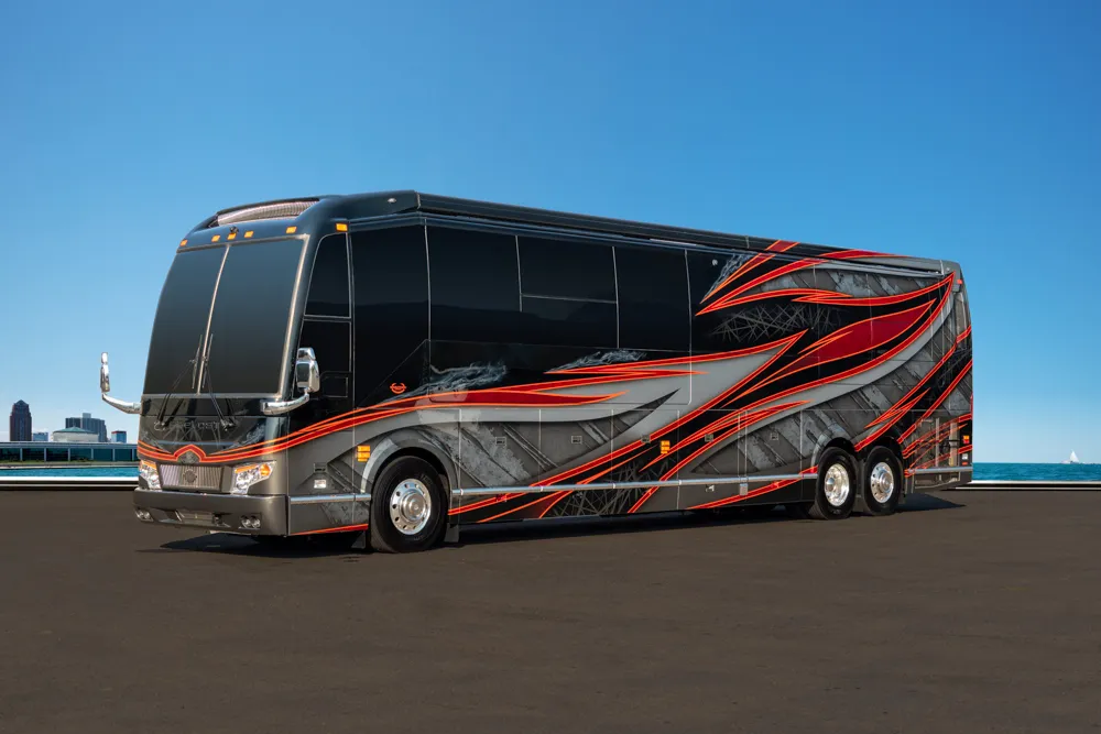 Exterior of luxury Marathon Coach #1362 built on a Prevost chassis | Luxury Motorcoach for Sale