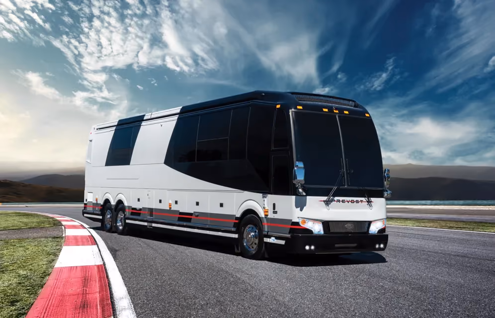 Exterior of luxury Marathon Coach #1359 built on a Prevost chassis | Luxury Motorcoach for Sale
