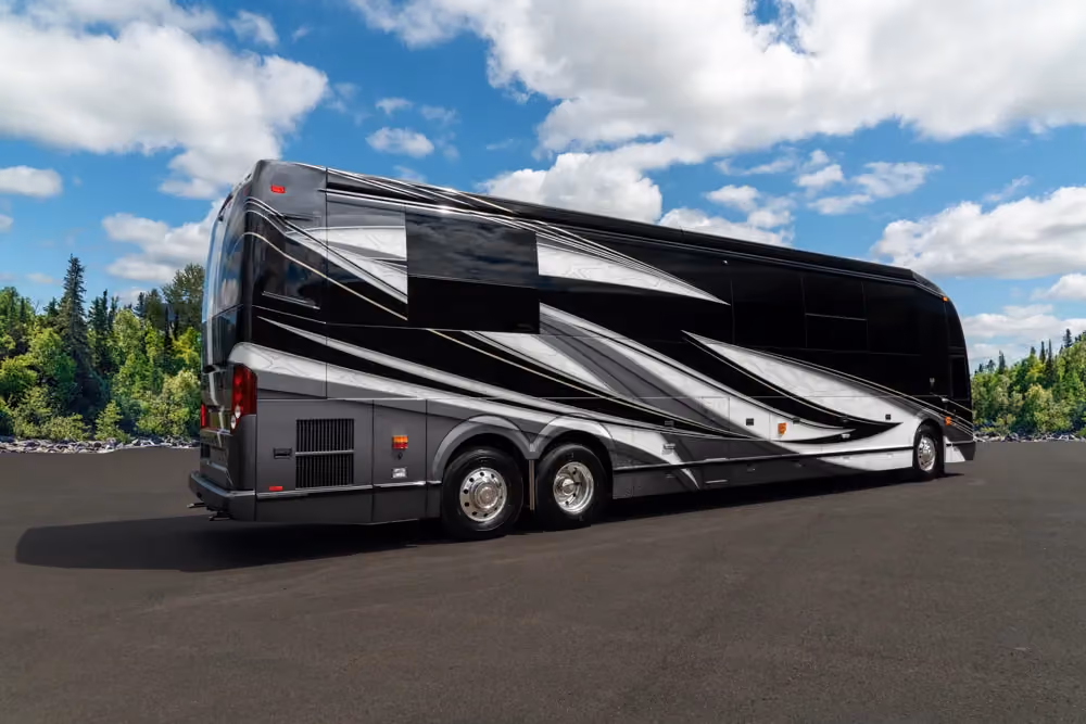 Exterior of luxury Marathon Coach #1356 built on a Prevost chassis | Luxury Motorcoach for Sale