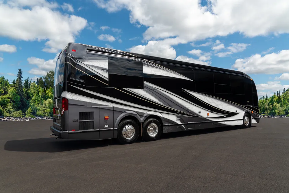 Exterior of luxury Marathon Coach #1356 built on a Prevost chassis | Luxury Motorcoach for Sale