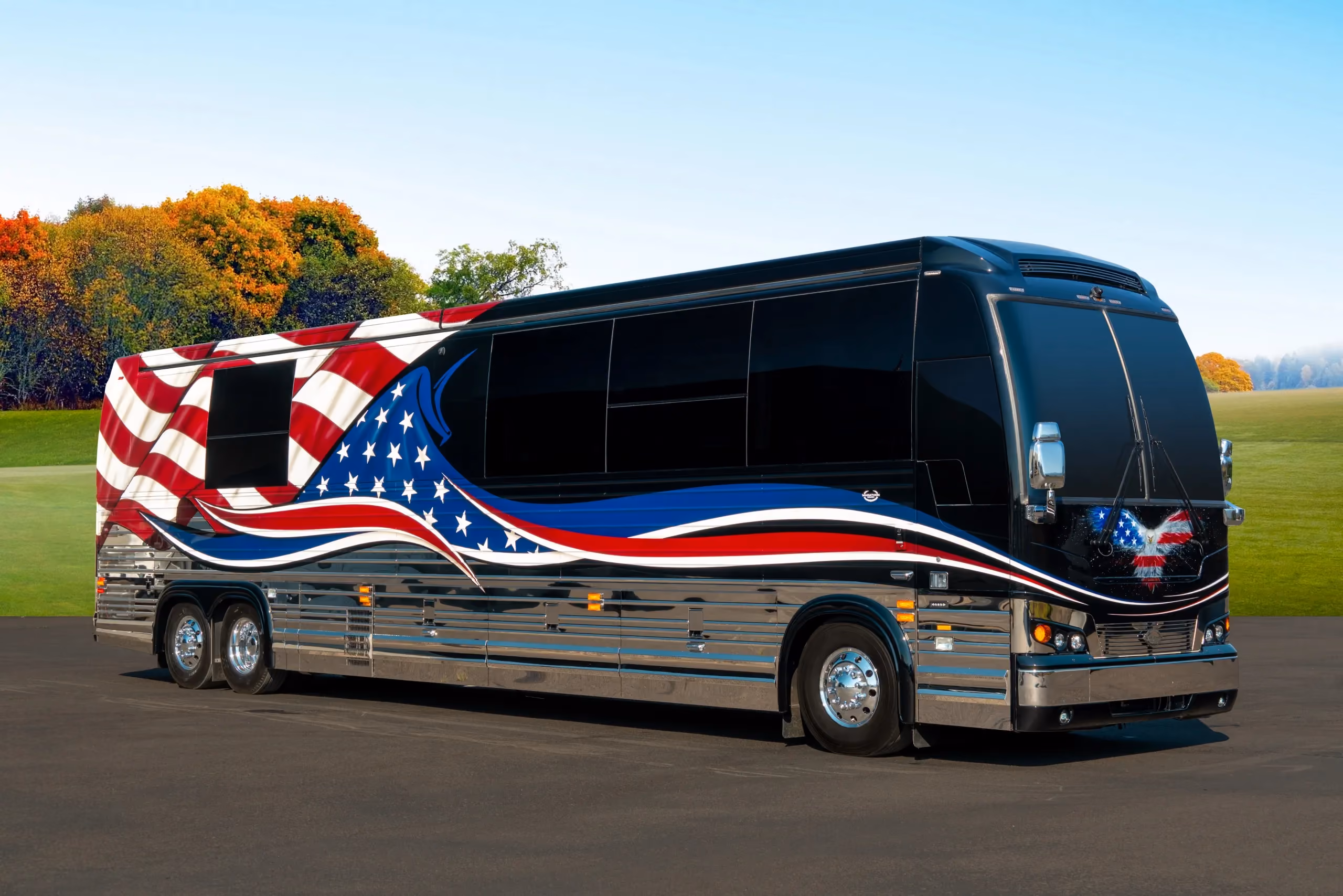 Exterior of luxury Marathon Coach #1366 built on a Prevost chassis | Luxury Motorcoach for Sale
