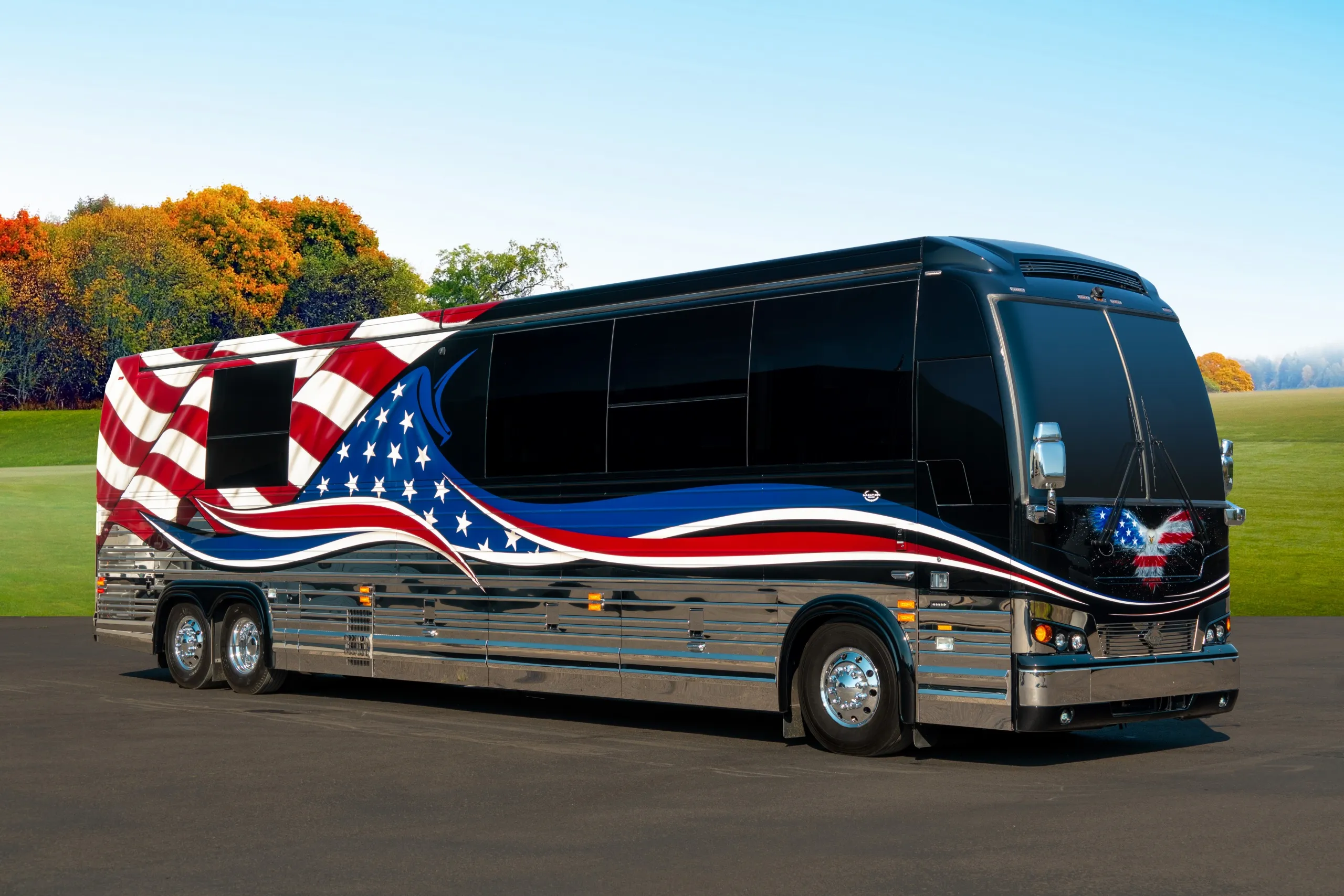 Exterior of luxury Marathon Coach #1366 built on a Prevost chassis | Luxury Motorcoach for Sale