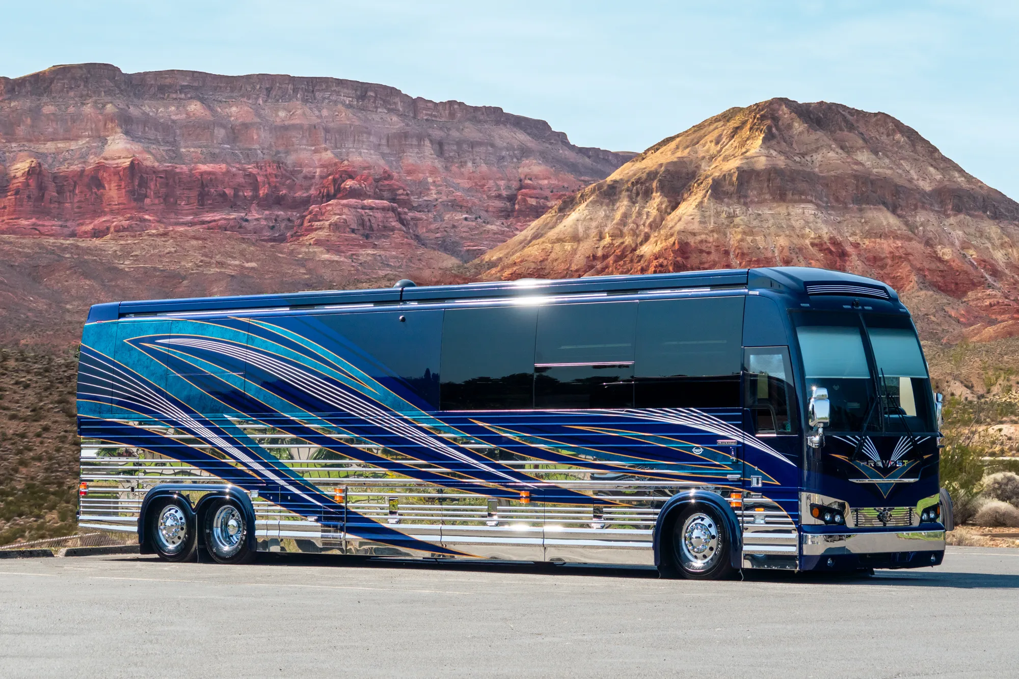 Exterior of luxury Marathon Coach #1361 built on a Prevost chassis | Luxury Motorcoach for Sale