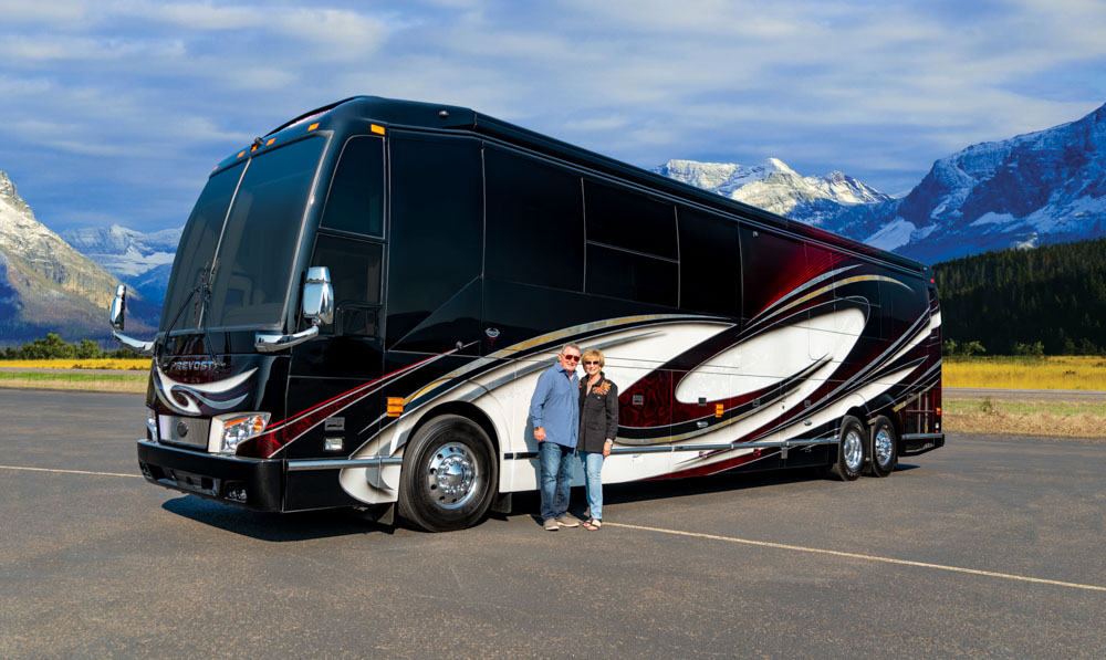 Exterior of luxury Marathon Coach #1329 built on a Prevost chassis | Luxury Motorcoach for Sale