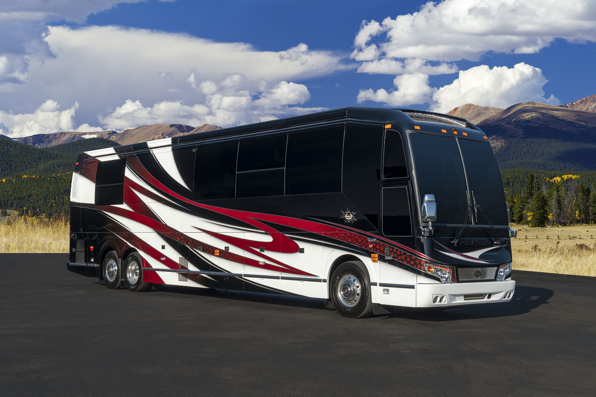 Exterior of luxury Marathon Coach #1333 built on a Prevost chassis | Luxury Motorcoach for Sale