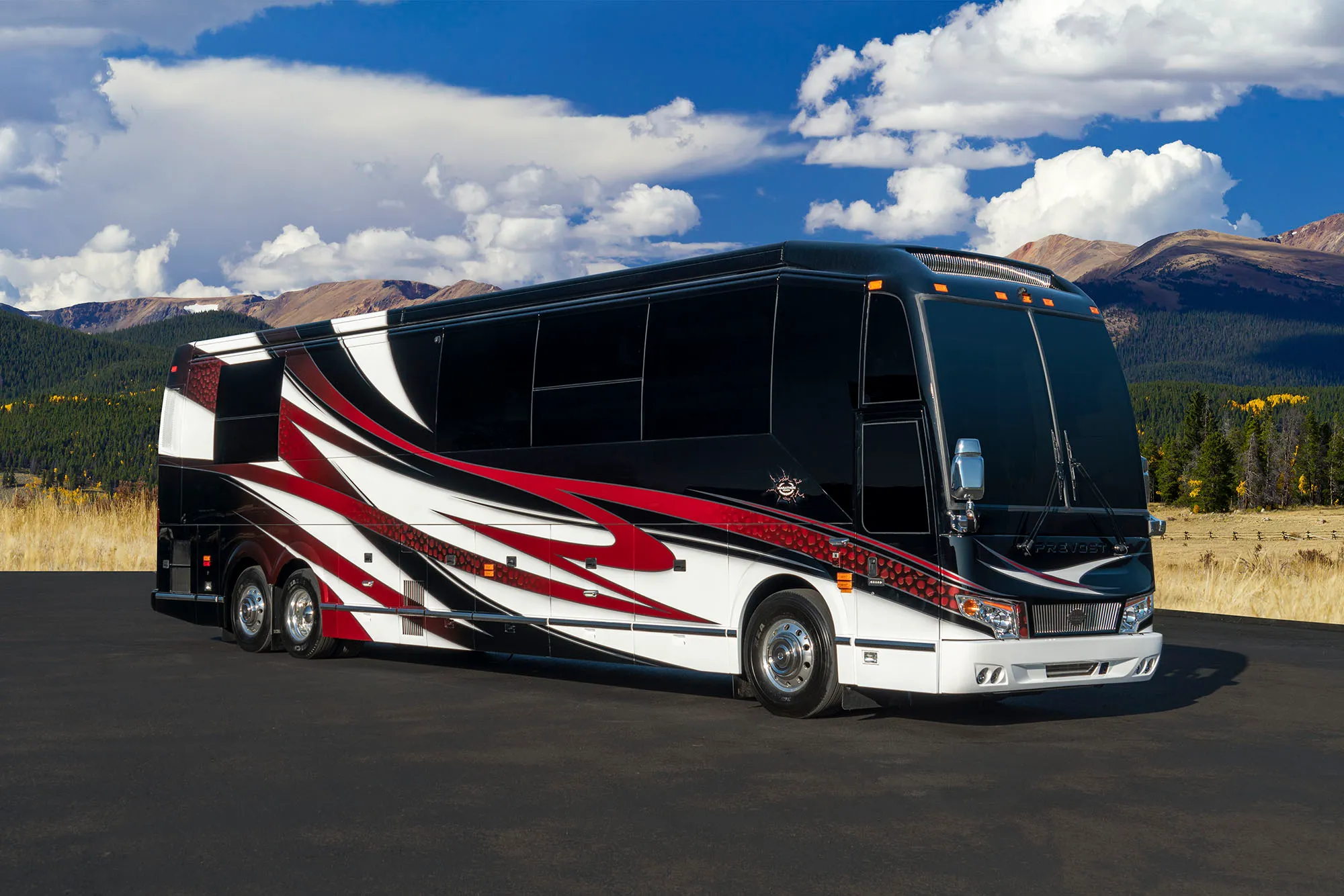 Exterior of luxury Marathon Coach #1333 built on a Prevost chassis | Luxury Motorcoach for Sale