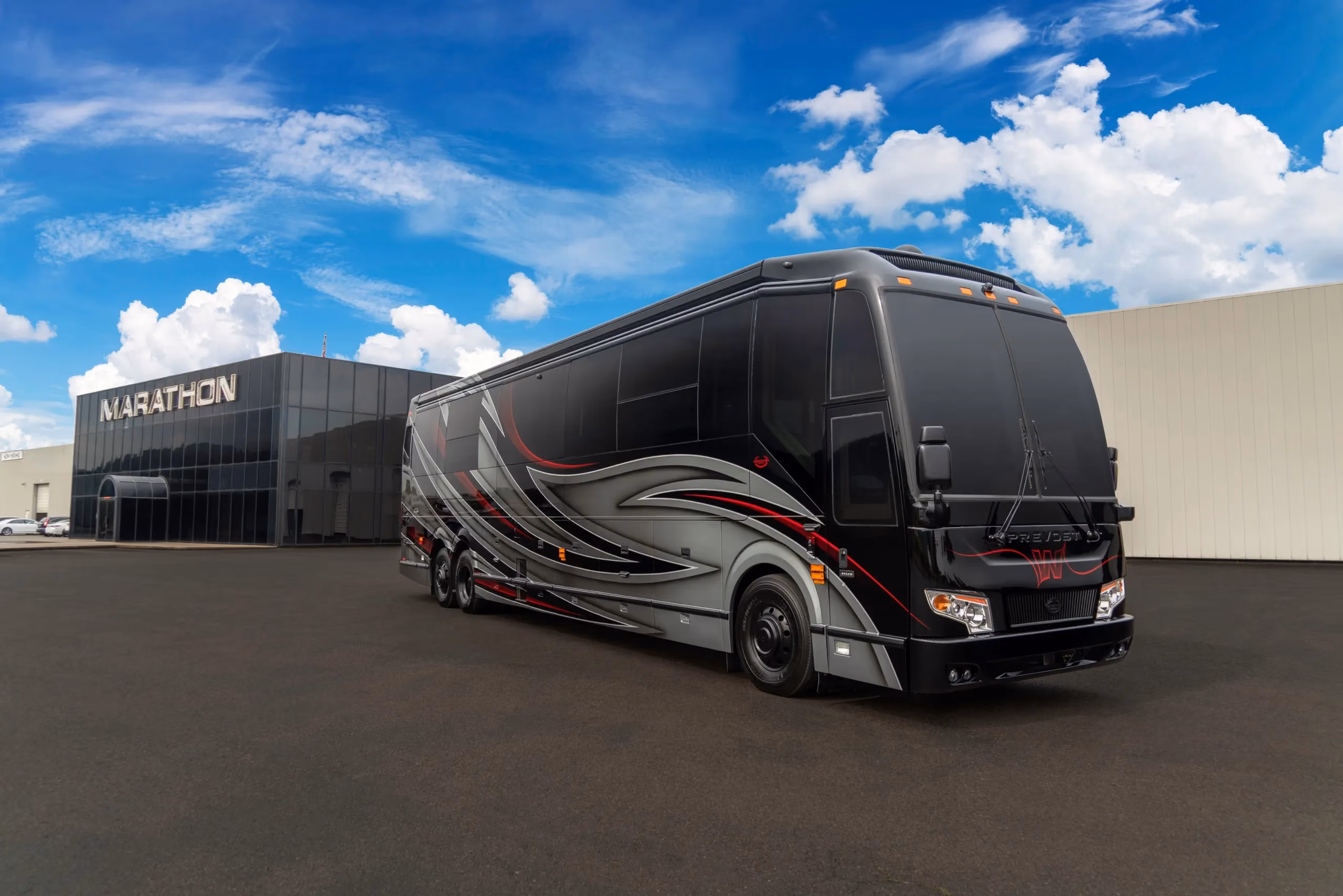 Exterior of luxury Marathon Coach #1357 built on a Prevost chassis | Luxury Motorcoach for Sale