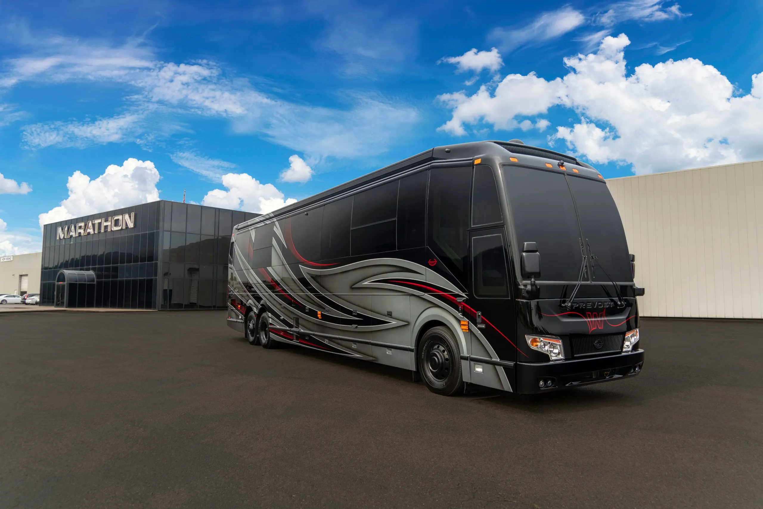 Exterior of luxury Marathon Coach #1357 built on a Prevost chassis | Luxury Motorcoach for Sale