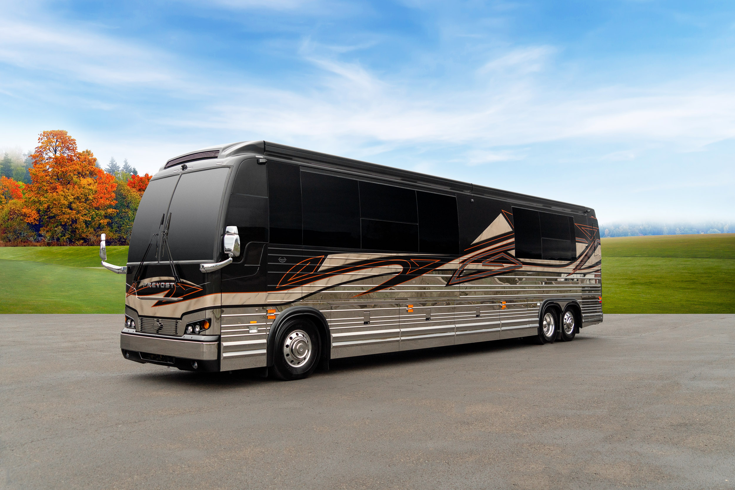 Exterior of luxury Marathon Coach #1331 built on a Prevost chassis | Luxury Motorcoach for Sale