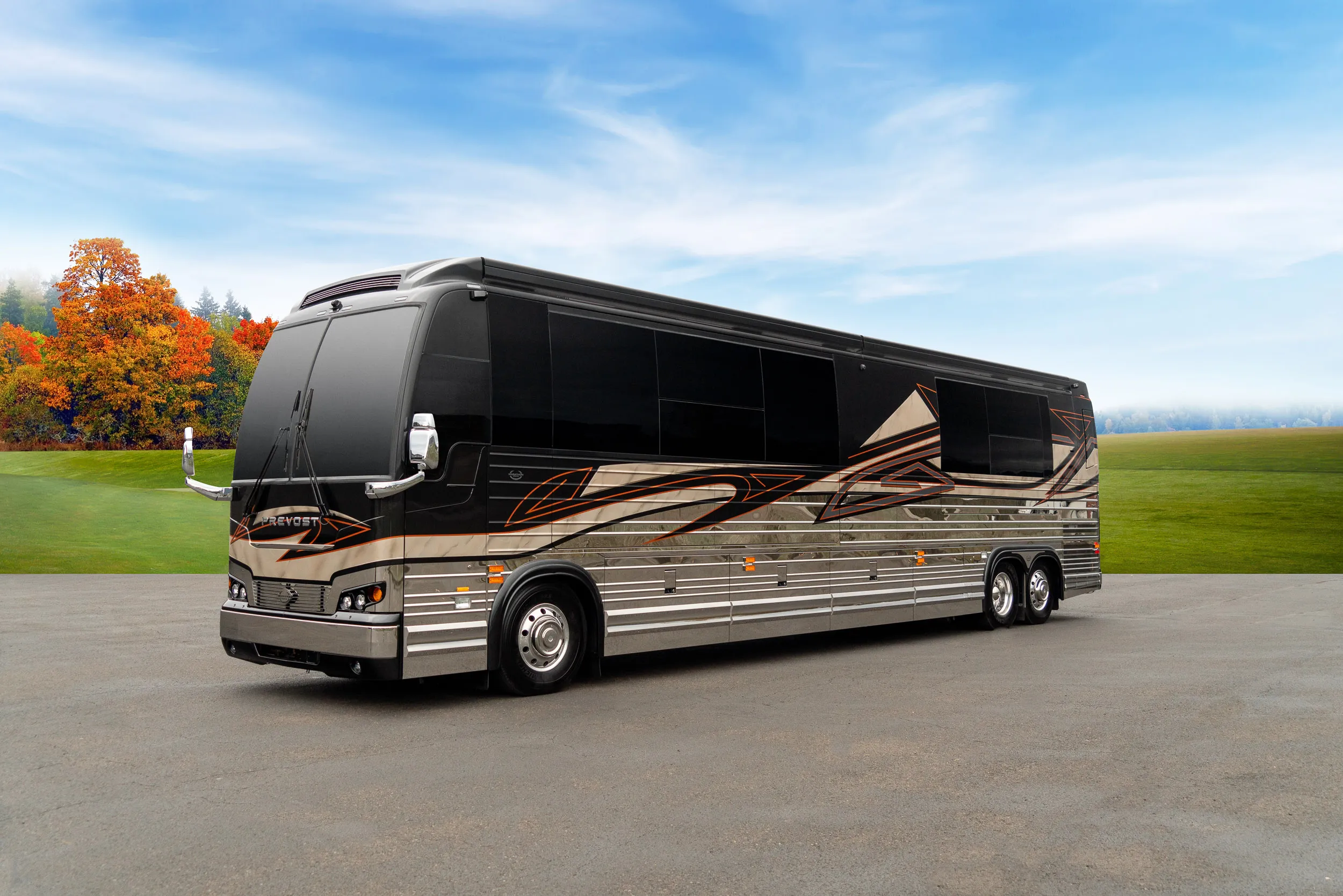 Exterior of luxury Marathon Coach #1331 built on a Prevost chassis | Luxury Motorcoach for Sale