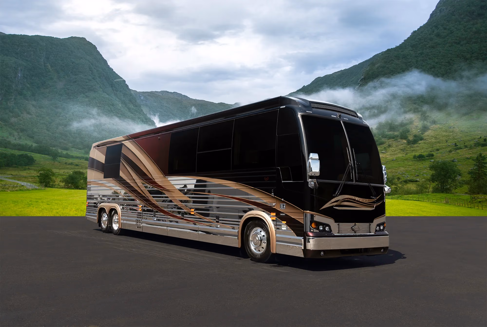 Exterior of luxury Marathon Coach #1342 built on a Prevost chassis | Luxury Motorcoach for Sale