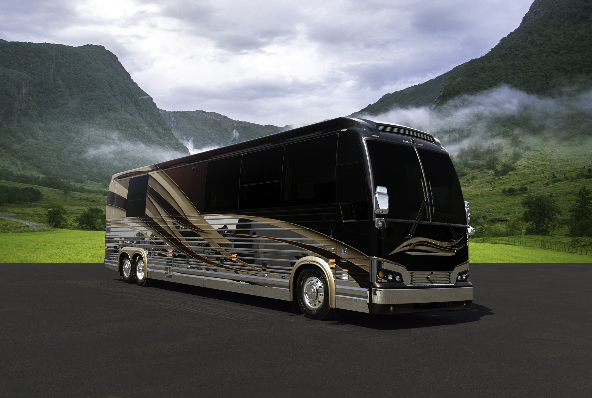 Exterior of luxury Marathon Coach #1342 built on a Prevost chassis | Luxury Motorcoach for Sale