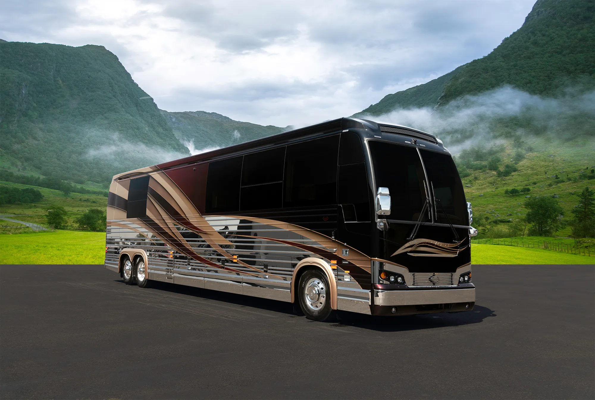 Exterior of luxury Marathon Coach #1342 built on a Prevost chassis | Luxury Motorcoach for Sale