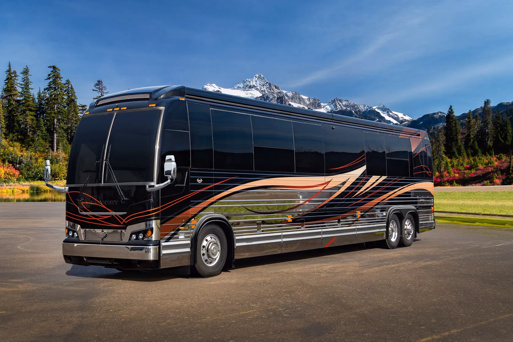 Exterior of luxury Marathon Coach #1344 built on a Prevost chassis | Luxury Motorcoach for Sale