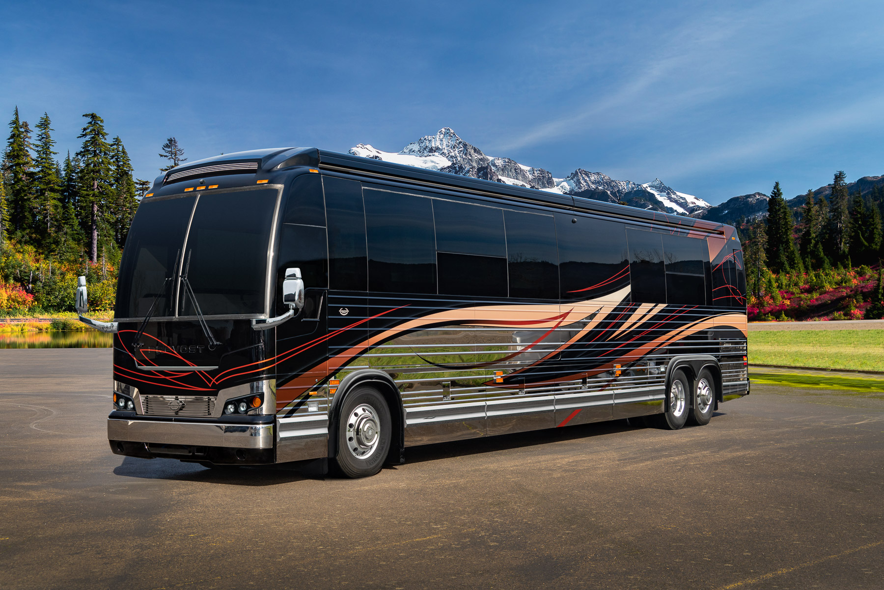 Exterior of luxury Marathon Coach #1344 built on a Prevost chassis | Luxury Motorcoach for Sale