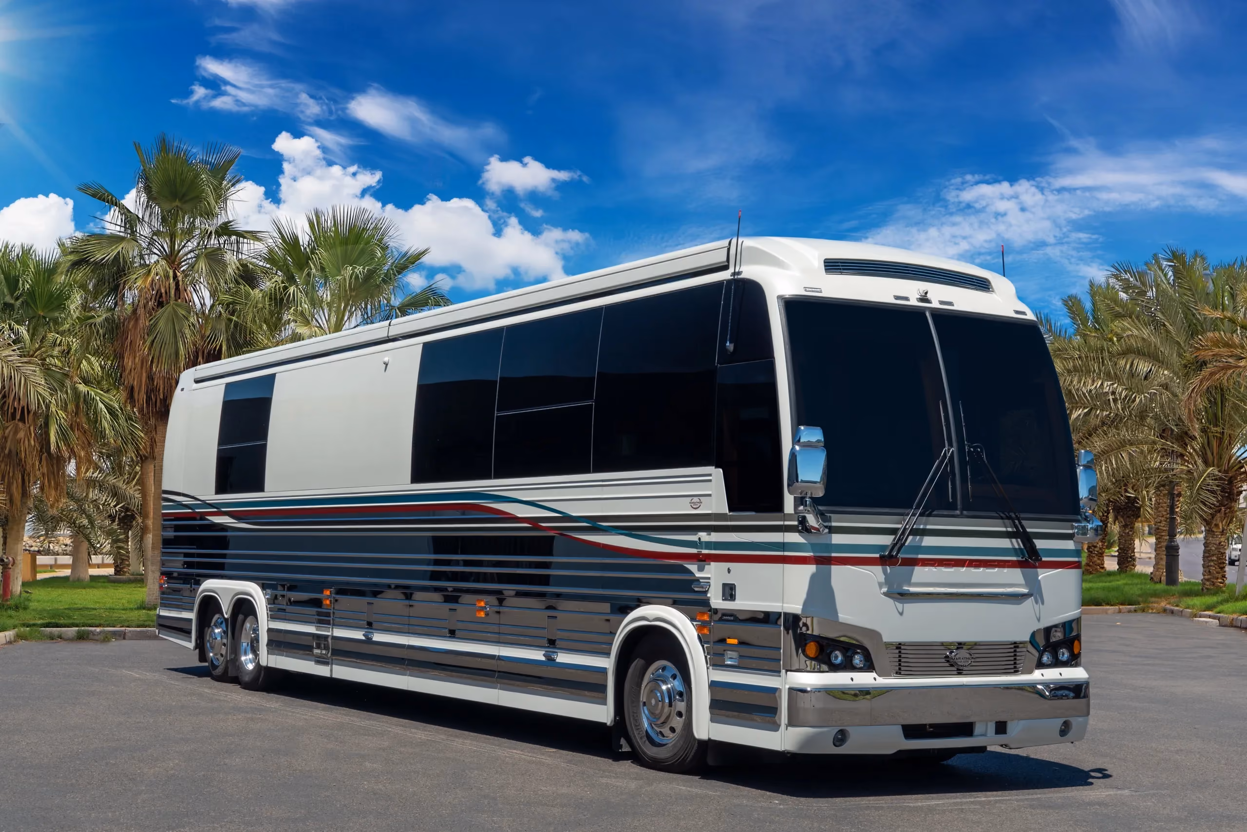 Exterior of luxury Marathon Coach #1360 built on a Prevost chassis | Luxury Motorcoach for Sale