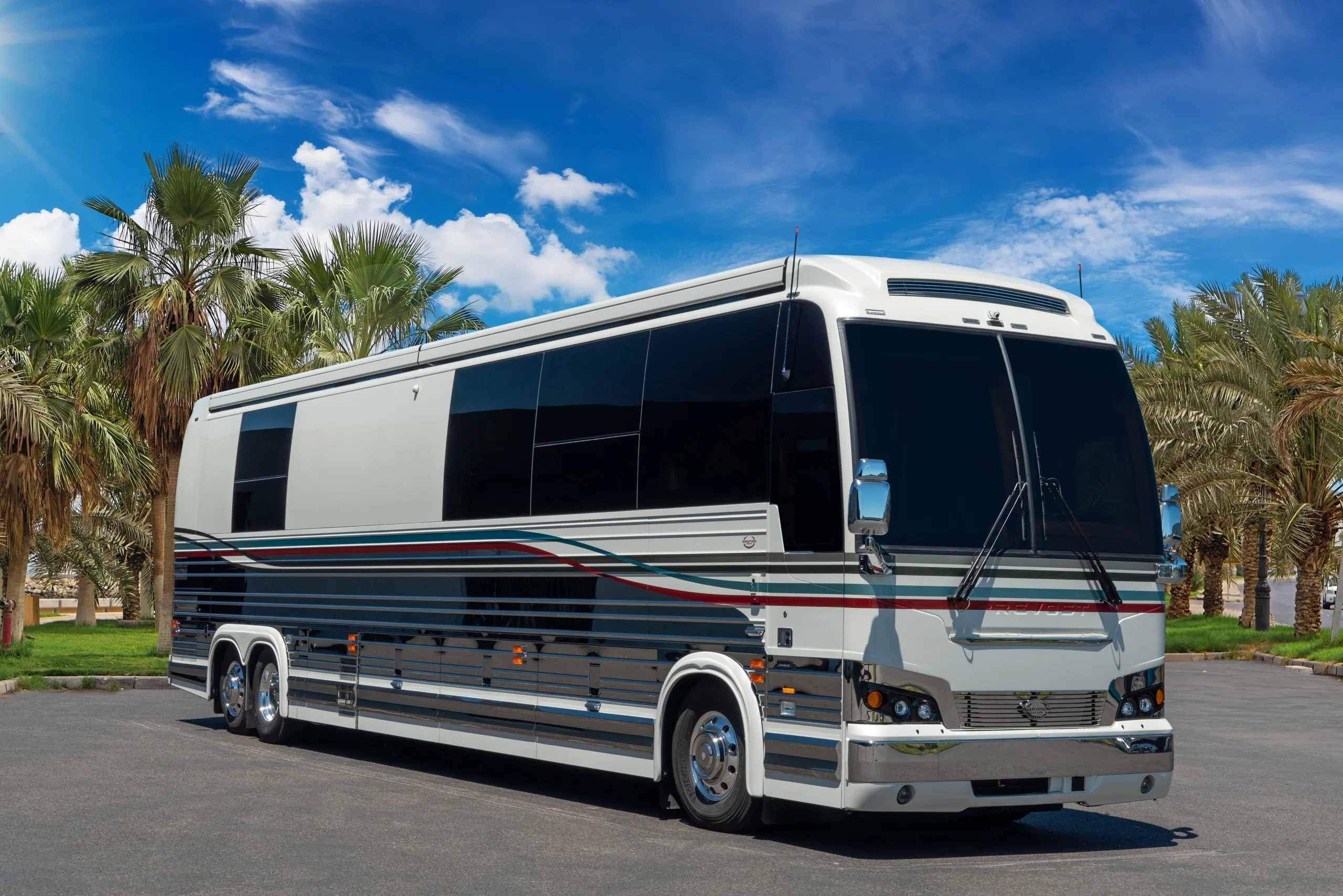 Exterior of luxury Marathon Coach #1360 built on a Prevost chassis | Luxury Motorcoach for Sale