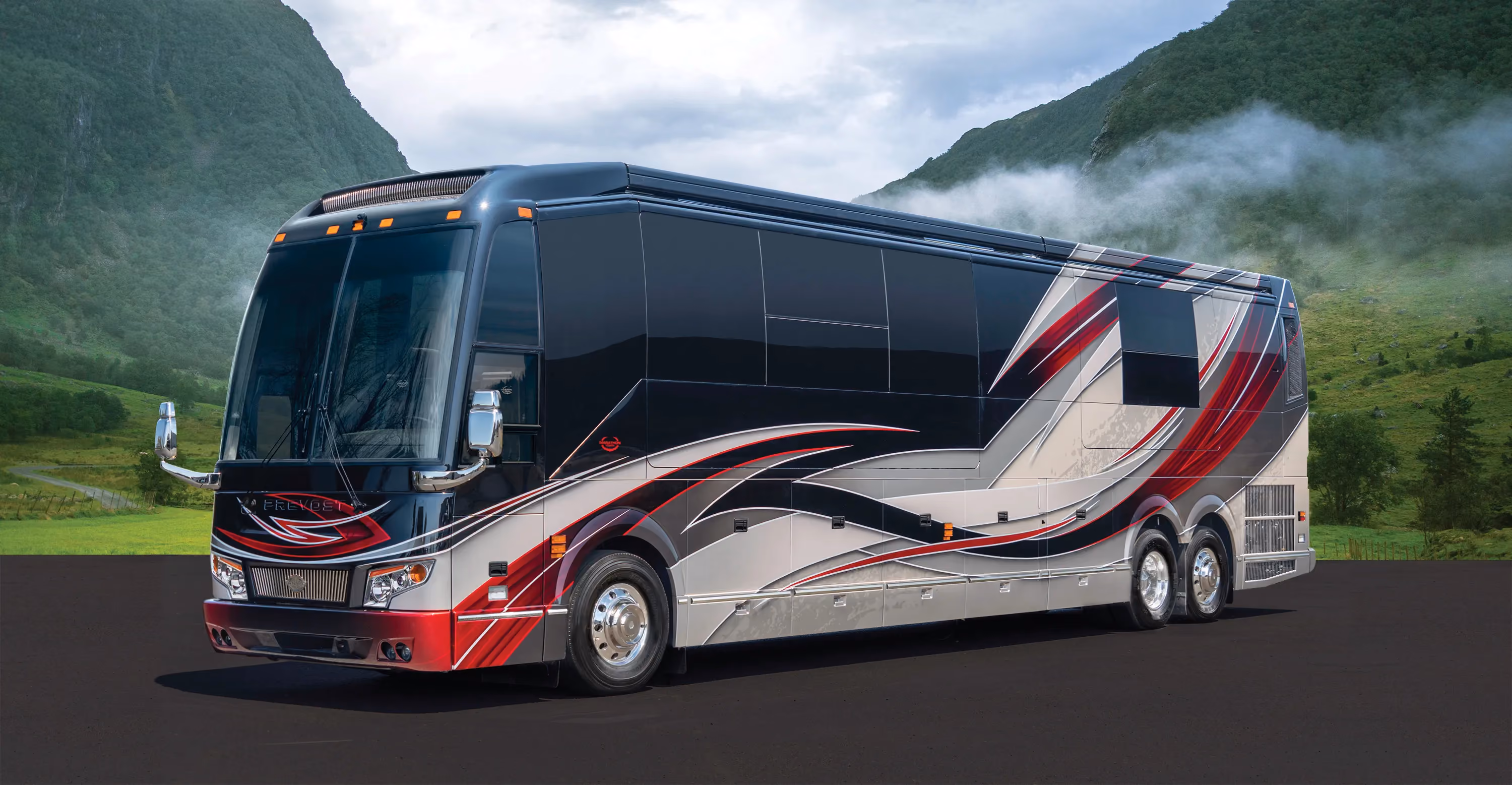 Exterior of luxury Marathon Coach #1335 built on a Prevost chassis | Luxury Motorcoach for Sale