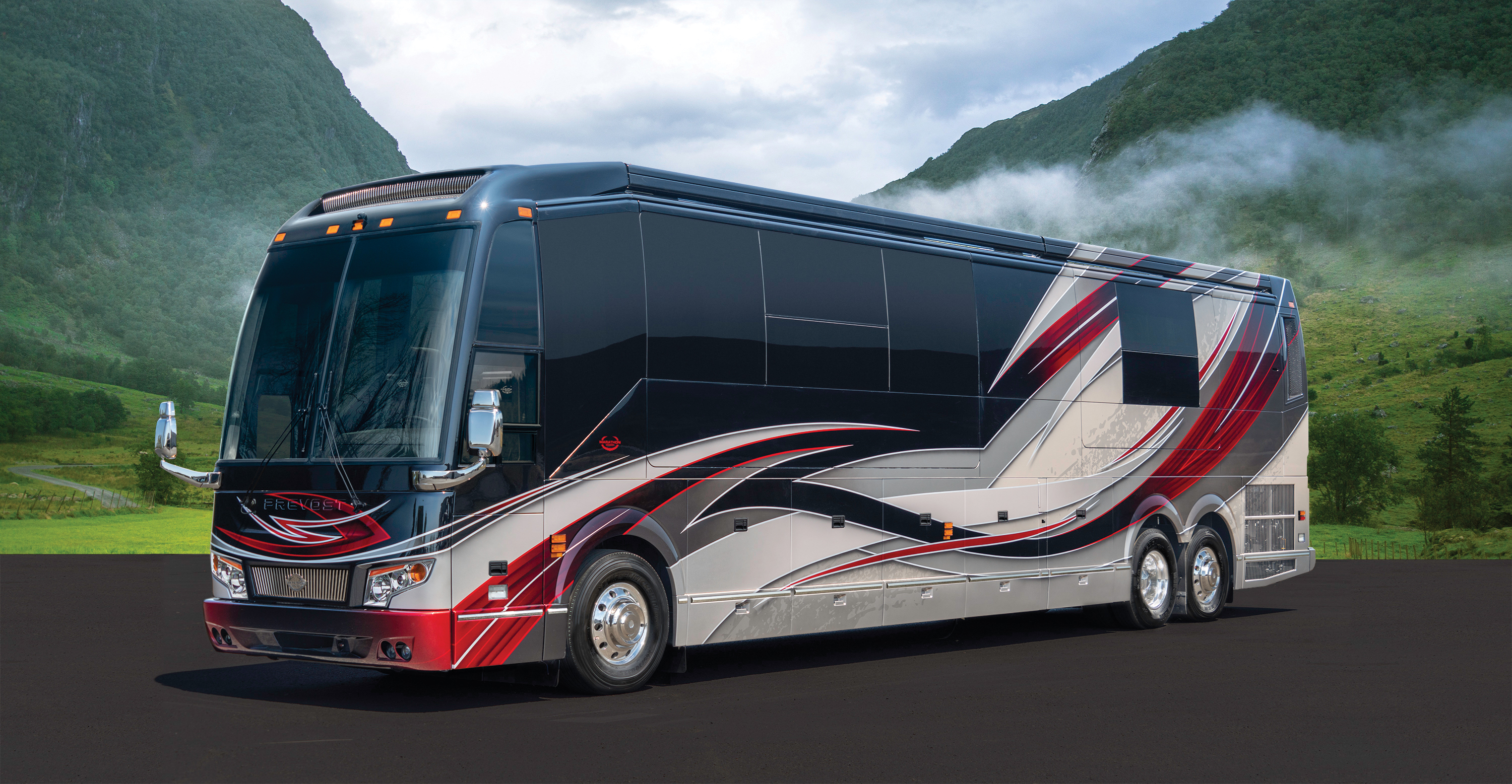 Exterior of luxury Marathon Coach #1335 built on a Prevost chassis | Luxury Motorcoach for Sale