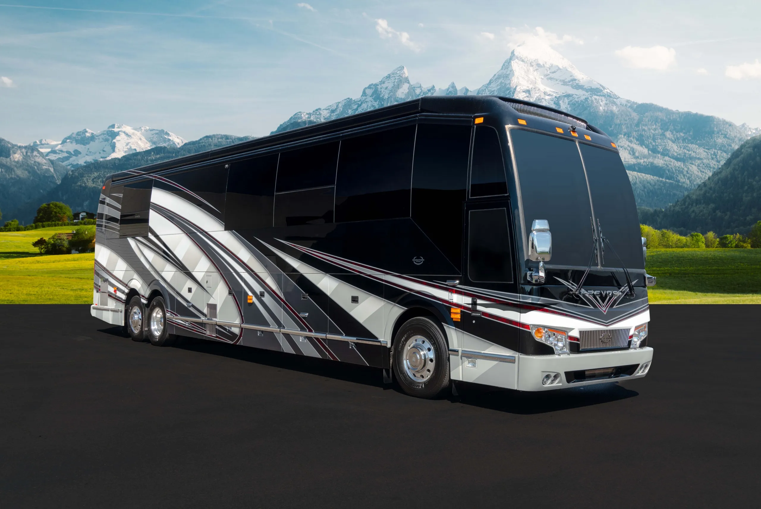 Exterior of luxury Marathon Coach #1358 built on a Prevost chassis | Luxury Motorcoach for Sale