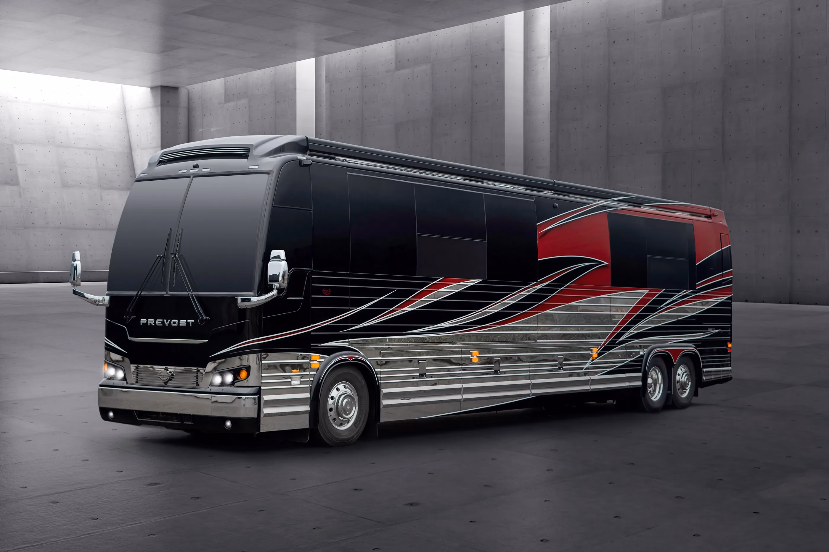 Exterior of luxury Marathon Coach #1317 built on a Prevost chassis | Luxury Motorcoach for Sale