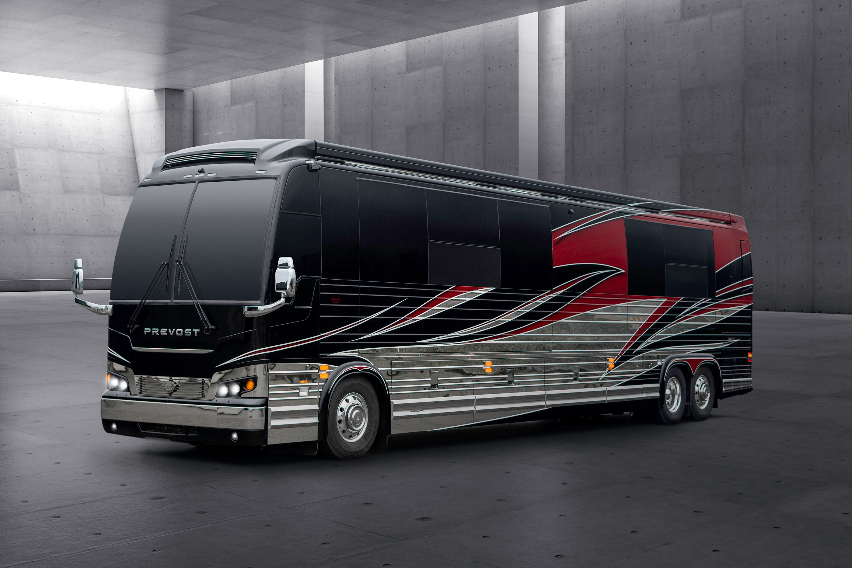 Exterior of luxury Marathon Coach #1317 built on a Prevost chassis | Luxury Motorcoach for Sale