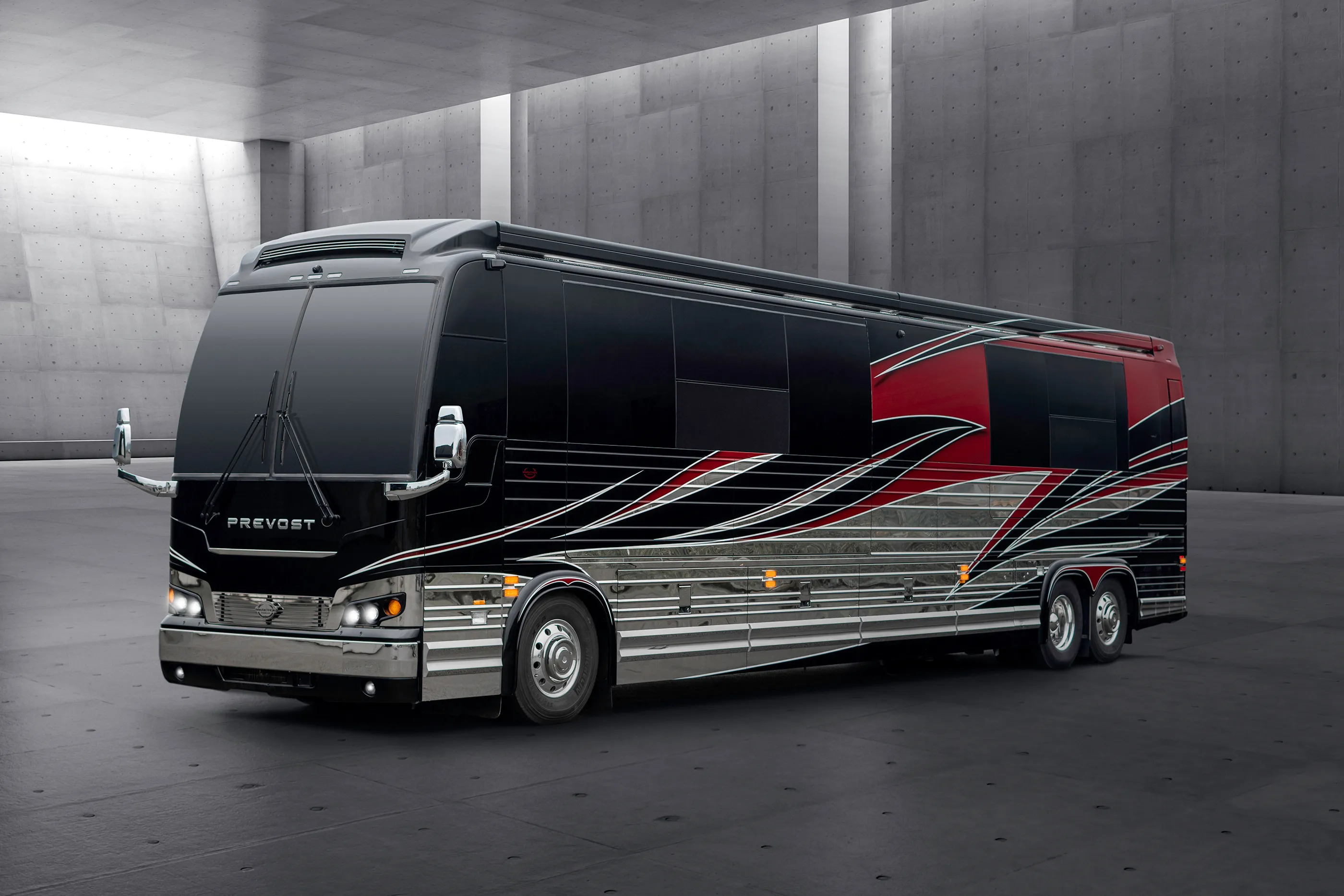 Exterior of luxury Marathon Coach #1317 built on a Prevost chassis | Luxury Motorcoach for Sale