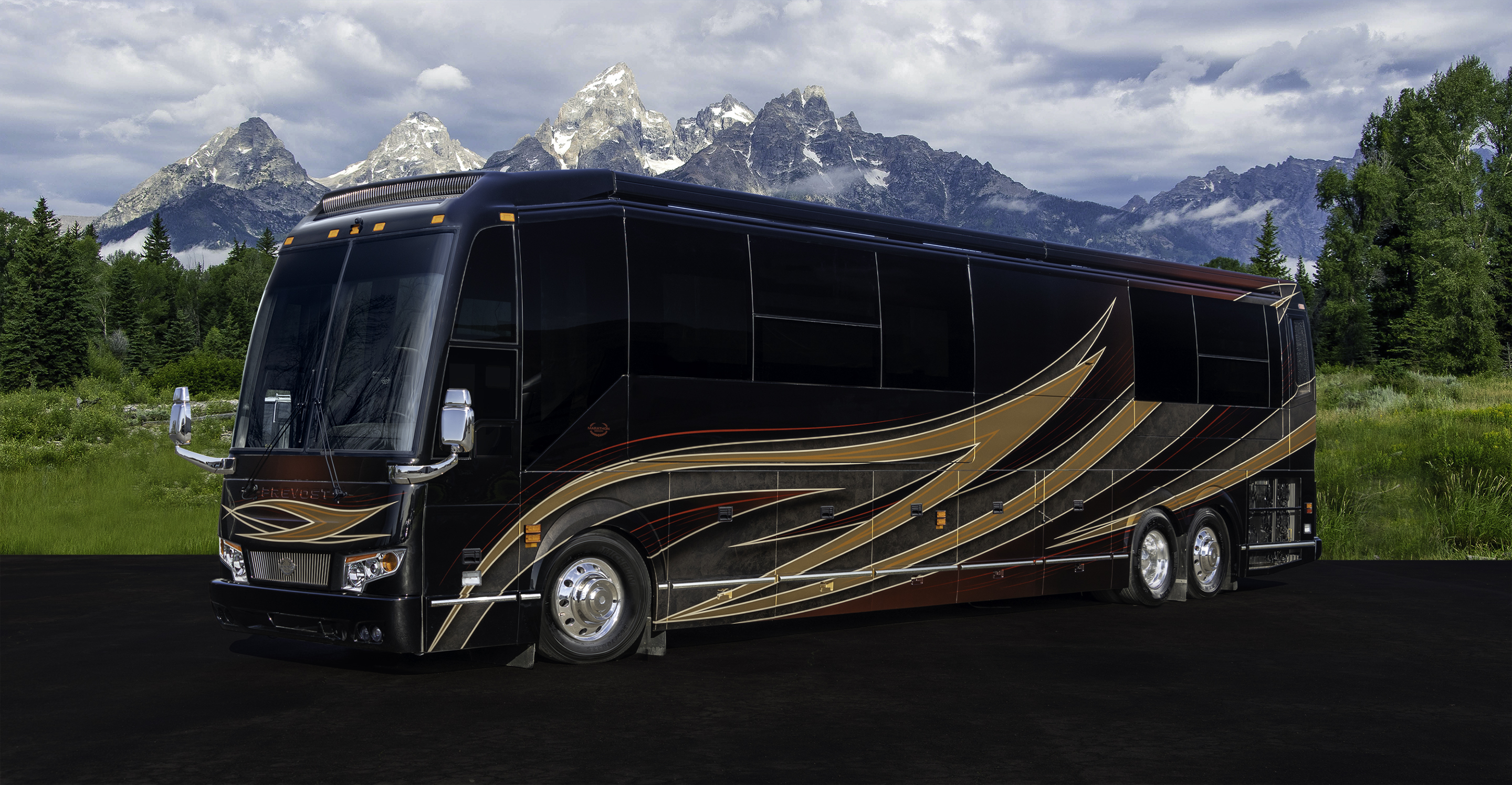 Exterior of luxury Marathon Coach #1343 built on a Prevost chassis | Luxury Motorcoach for Sale