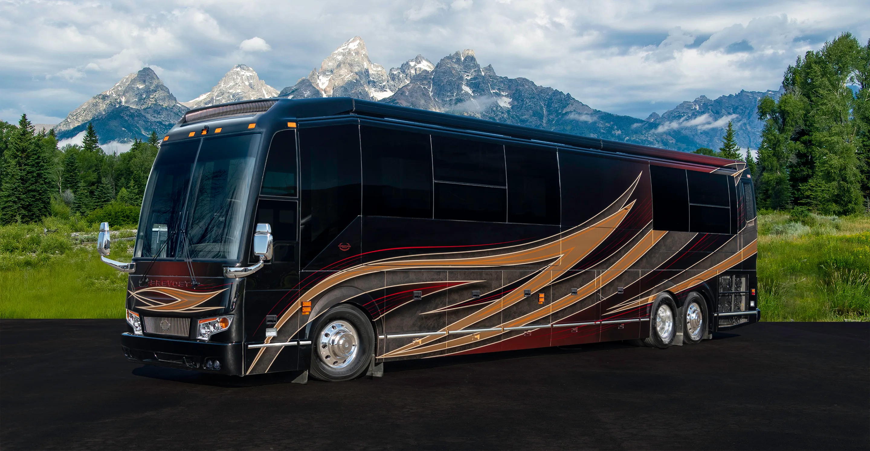 Exterior of luxury Marathon Coach #1343 built on a Prevost chassis | Luxury Motorcoach for Sale